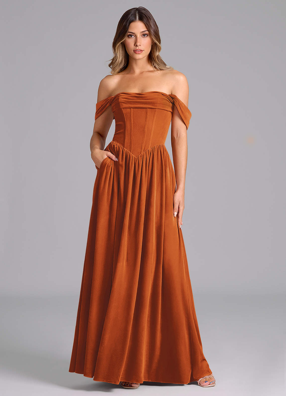 Azazie Hattie Bridesmaid Dresses Burnt Orange A-Line Ruched Velvet Dress image1