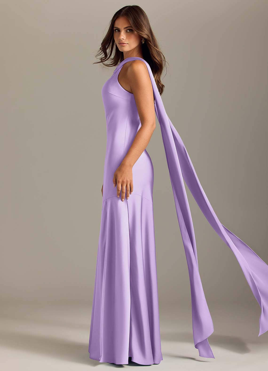 Azazie Kinsley Vestidos de madrinha de casamento Vestido Lilás de Cetim elástico de sereia com Fenda Lateral image3