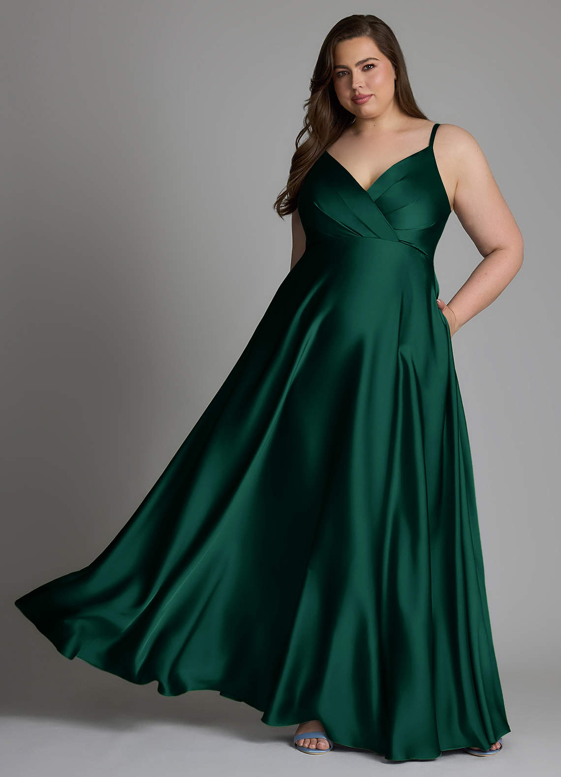Azazie Amani Bridesmaid Dresses Emerald A-Line Pleated Stretch Satin Dress image1