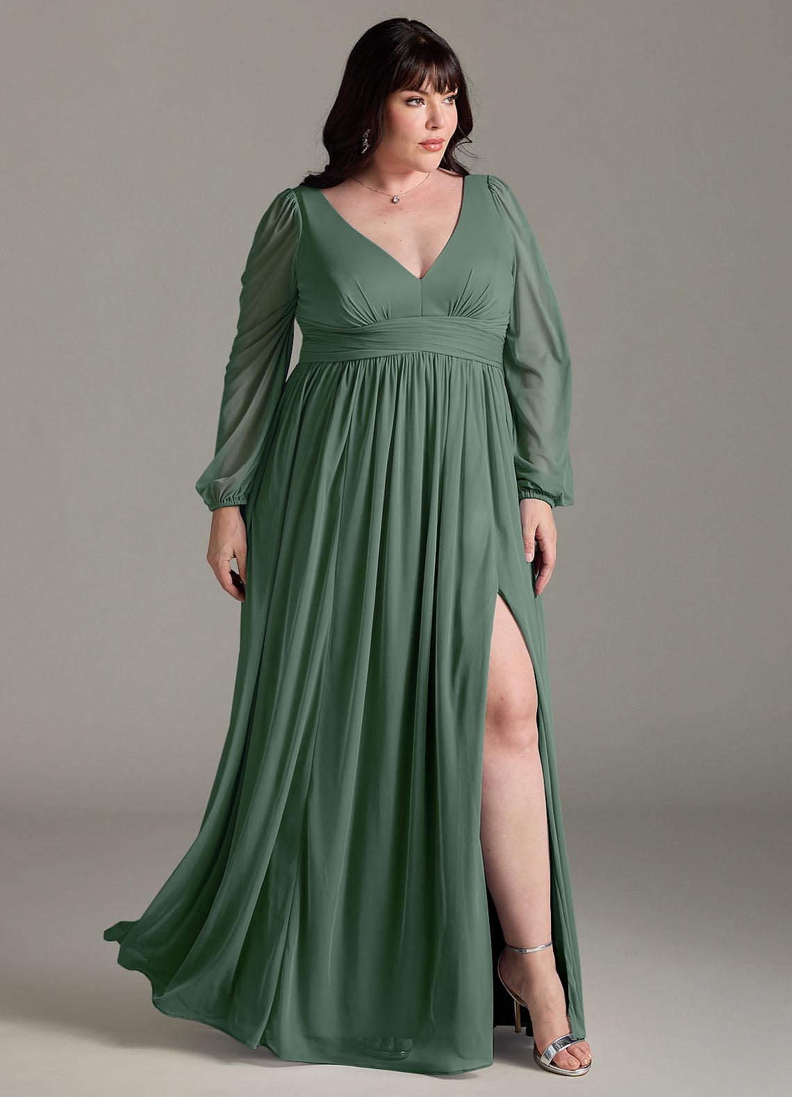 Azazie Norah Bridesmaid Dresses Eucalyptus A-Line V-Neck Long Sleeve Chiffon Dress image8