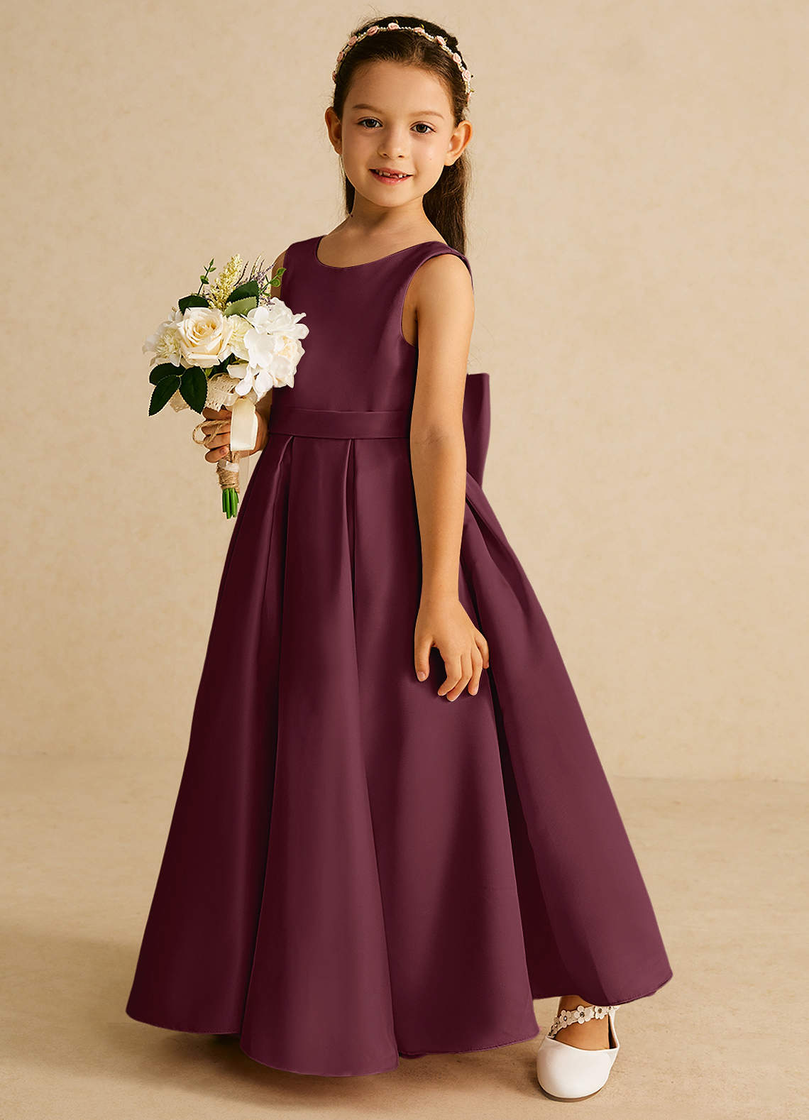 Azazie Pipsy Flower Girl Dresses Cabernet A-Line Bow Matte Satin Dress image1