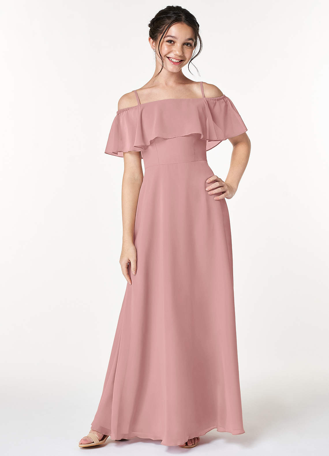Azazie Maggie Junior Dusty Rose A-Line Off the Shoulder Chiffon Dress image1