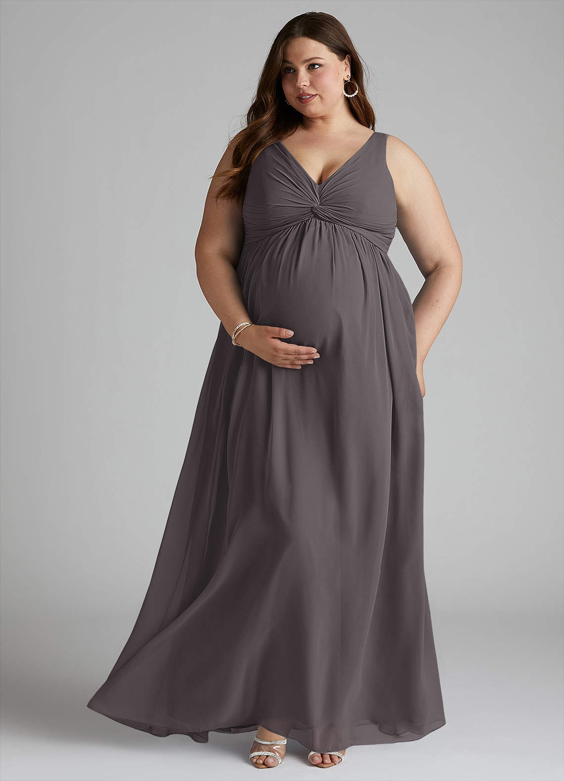 Azazie Yetta Maternity Bridesmaid Dresses A-Line V-Neck Gathered Chiffon Floor-Length Dress image6