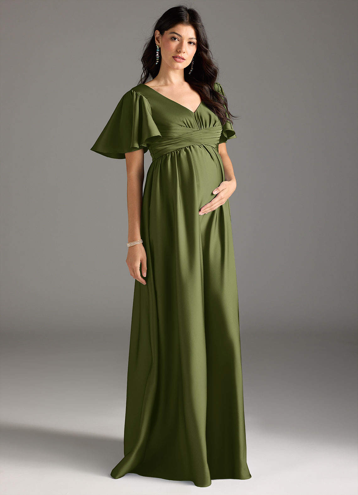 Azazie Verna vestidos de dama de honor de maternidad Vestido de Corte en A Volante Hasta el suelo Satén Elástico image4