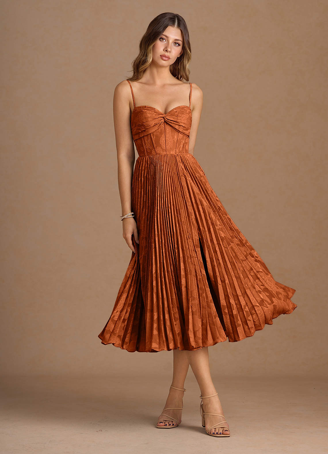 Annie Rust Pleated Midi Dress | Azazie CA