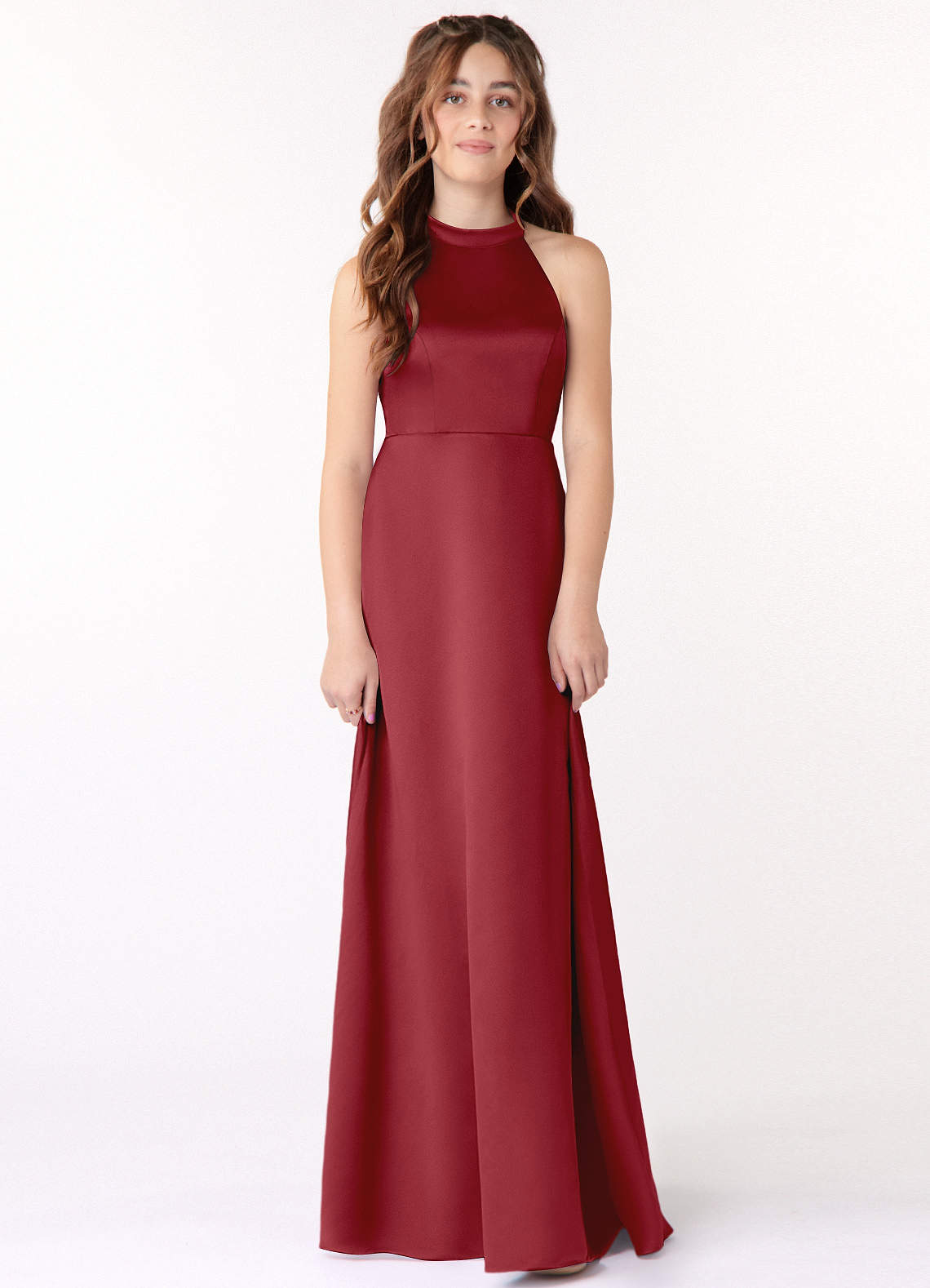 Azazie Laurel Junior Pomegranate A-Line Matte Satin Dress image1