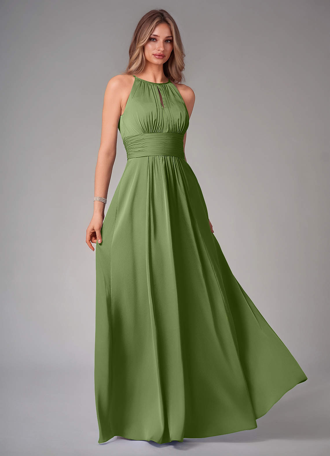 Azazie Bonnie Bridesmaid Dresses Juniper A-Line Pleated Stretch Satin Dress image1