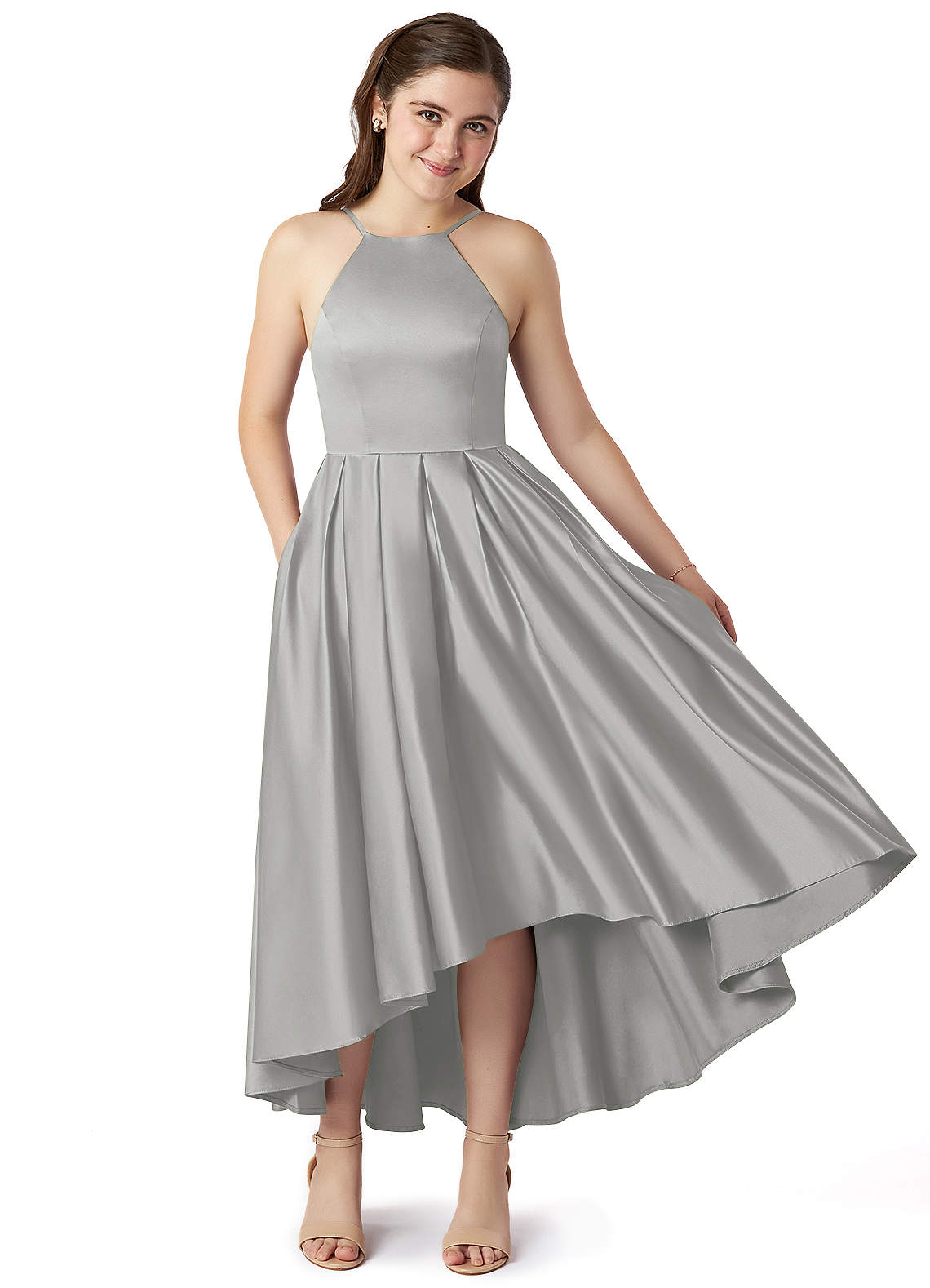 Azazie Jemima Junior Silver A-Line with Pockets Stretch Satin Dress image1