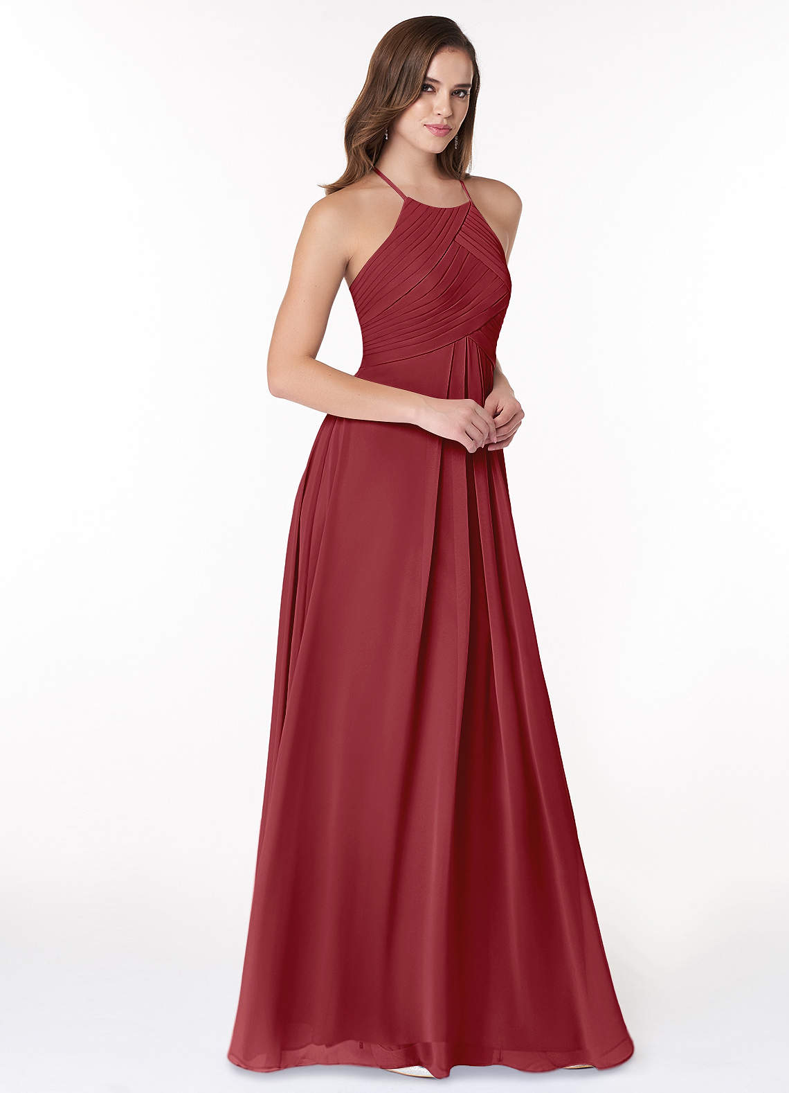 Azazie Ginger Vestidos de damas de honor Vestido de Granada de Gasa de Corte en A con Halter Plisado image1