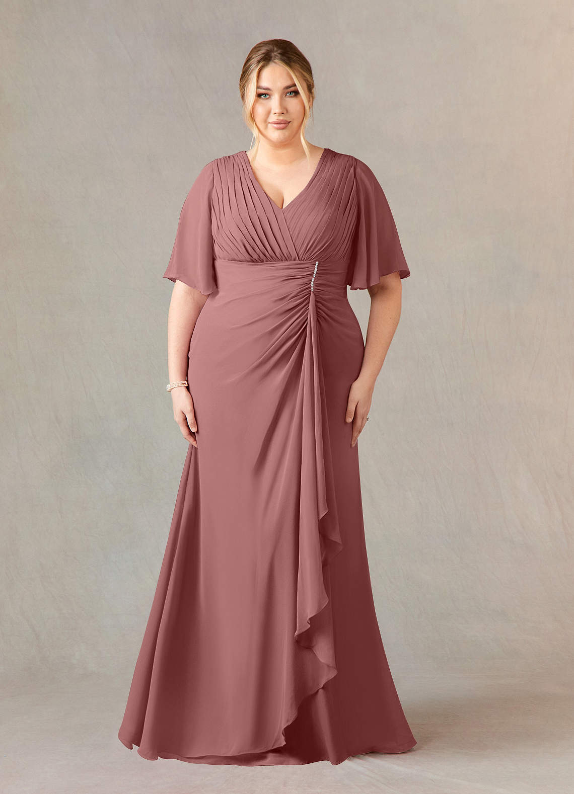 Azazie Carson Mother of the Bride Dresses Desert Rose A-Line V-Neck Lace Chiffon Dress image1