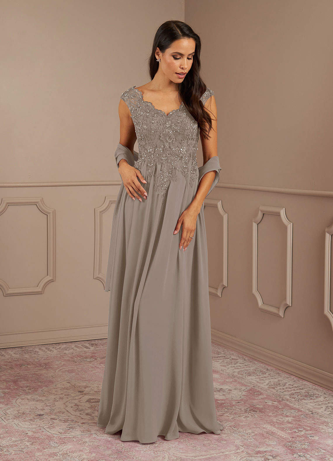 Azazie Amethyst Mother of the Bride Dresses Taupe A-Line V-Neck Sequins Chiffon Dress image1