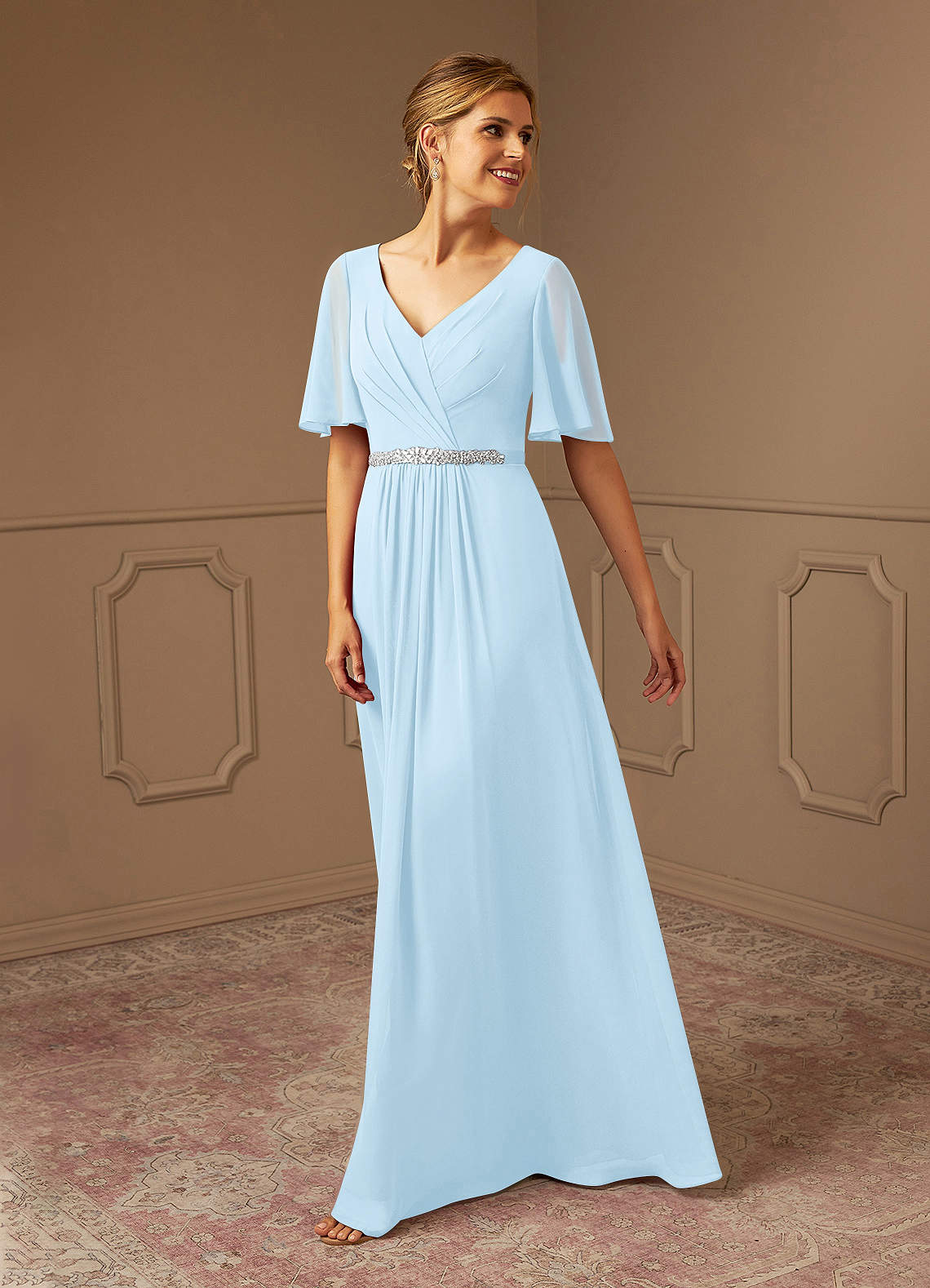 Azazie Tricia Sky Blue A-Line V-Neck Pleated Chiffon Dress | Azazie