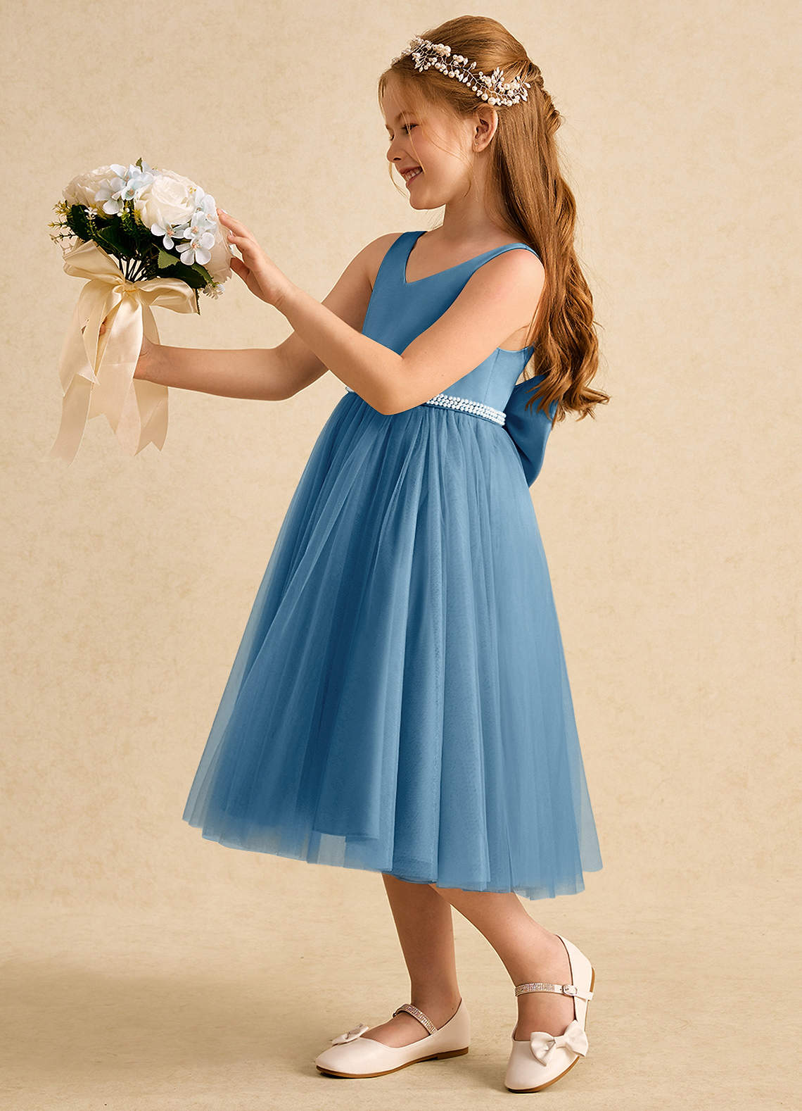 Azazie Firefly Flower Girl Klänningar Klänning A-Line i Matt satäng Rosett image1