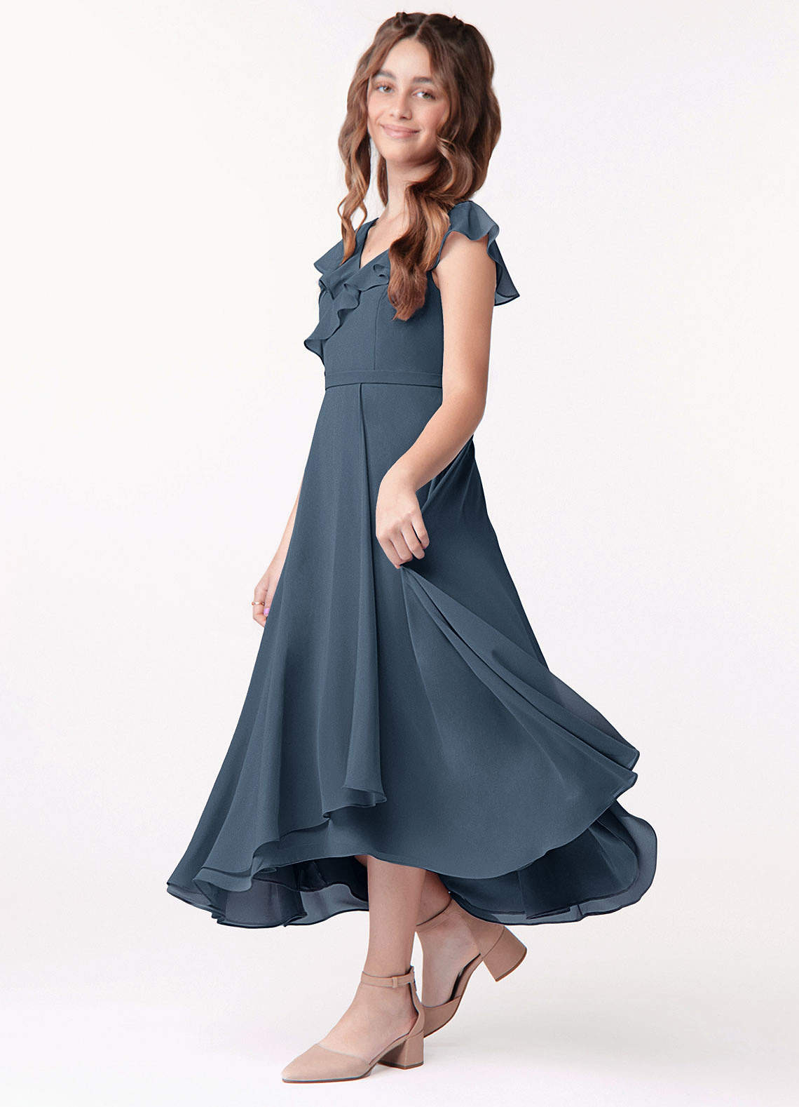 Azazie Posie Junior A-Linie Gestreift Chiffon Kleid Neptunblau image1