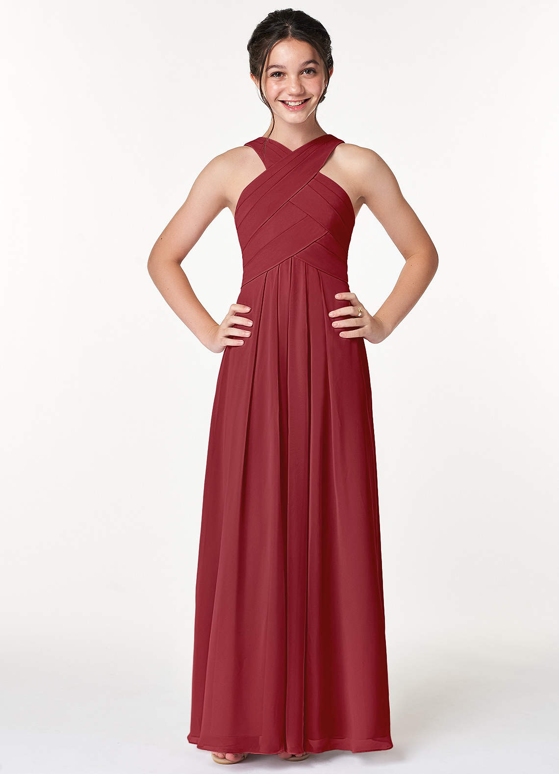 Azazie Kaleigh Junior Pomegranate A-Line Pleated Chiffon Dress image1