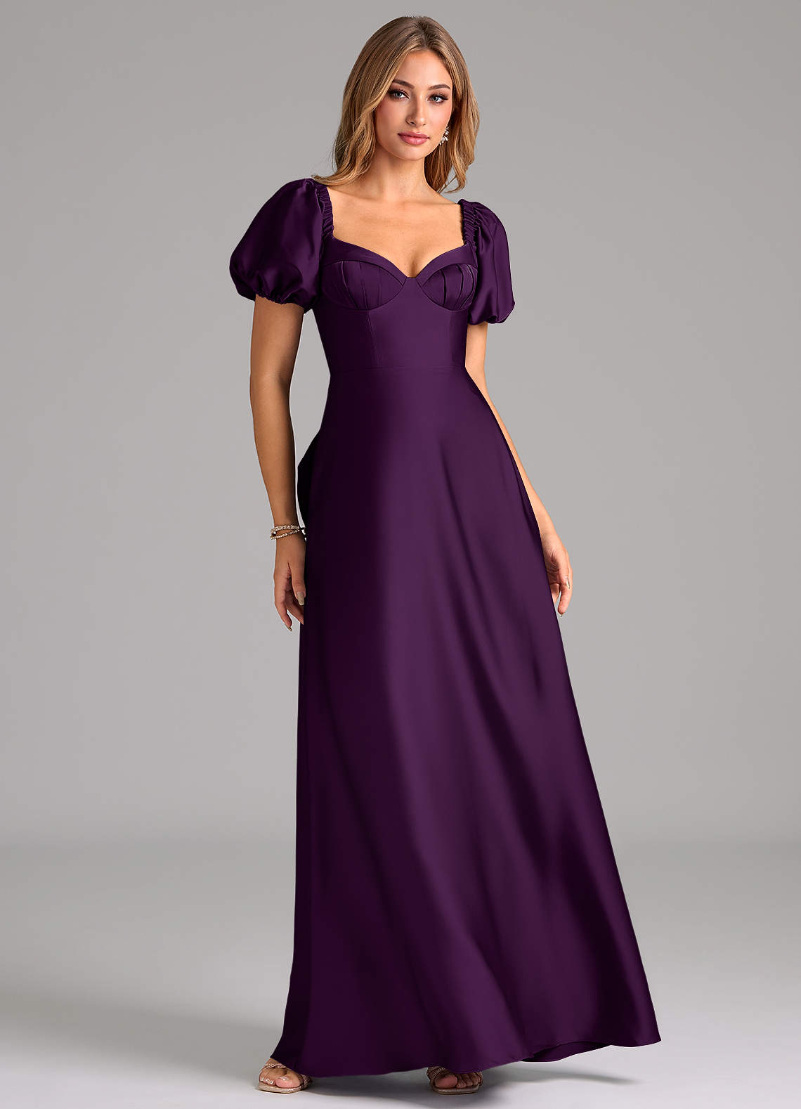 Azazie Fatima Bridesmaid Dresses Grape A-Line Pleated Stretch Satin Dress image1