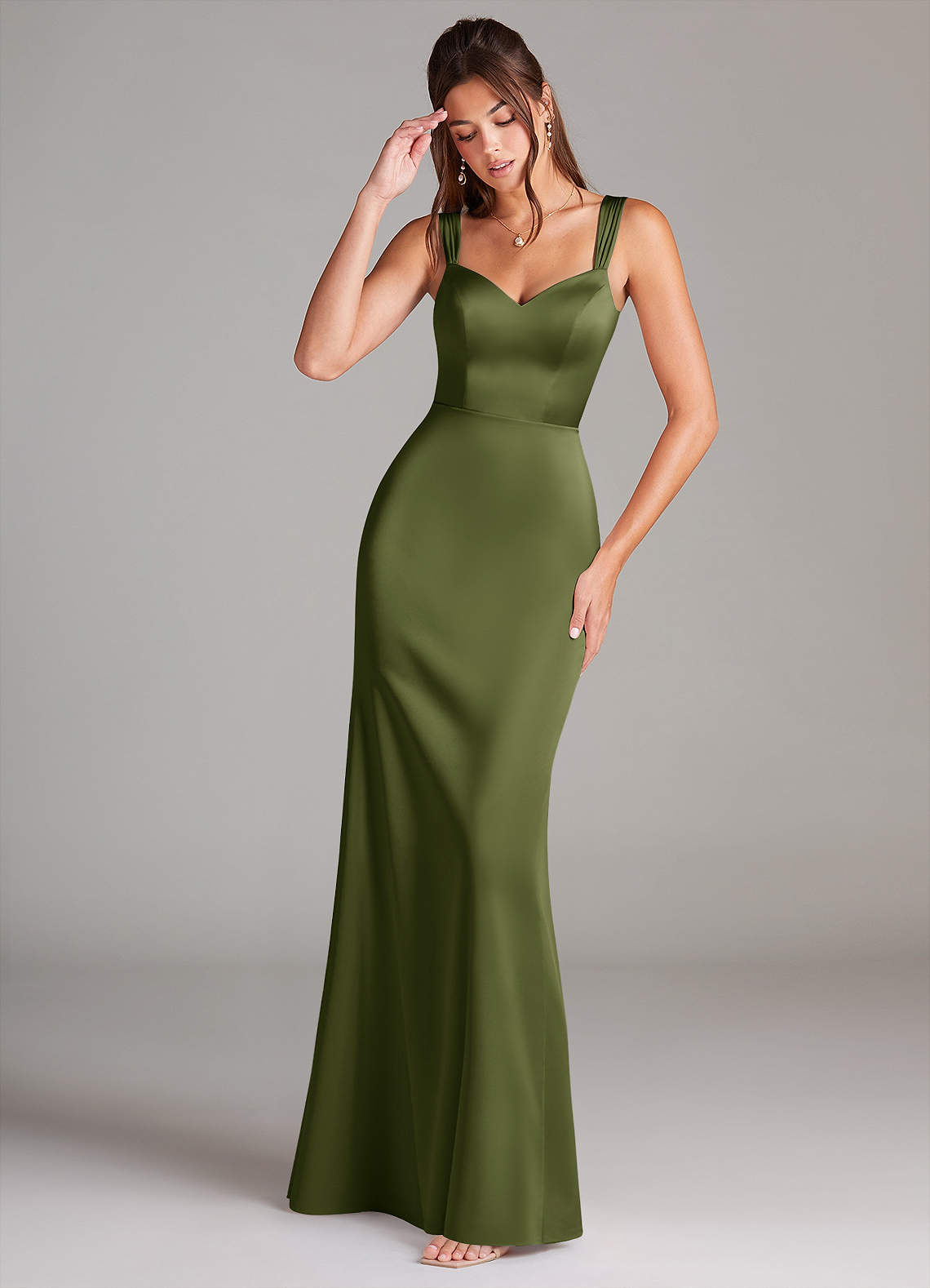 Azazie Denice Bridesmaid Dresses Olive Sheath Pleated Stretch Satin Dress image1
