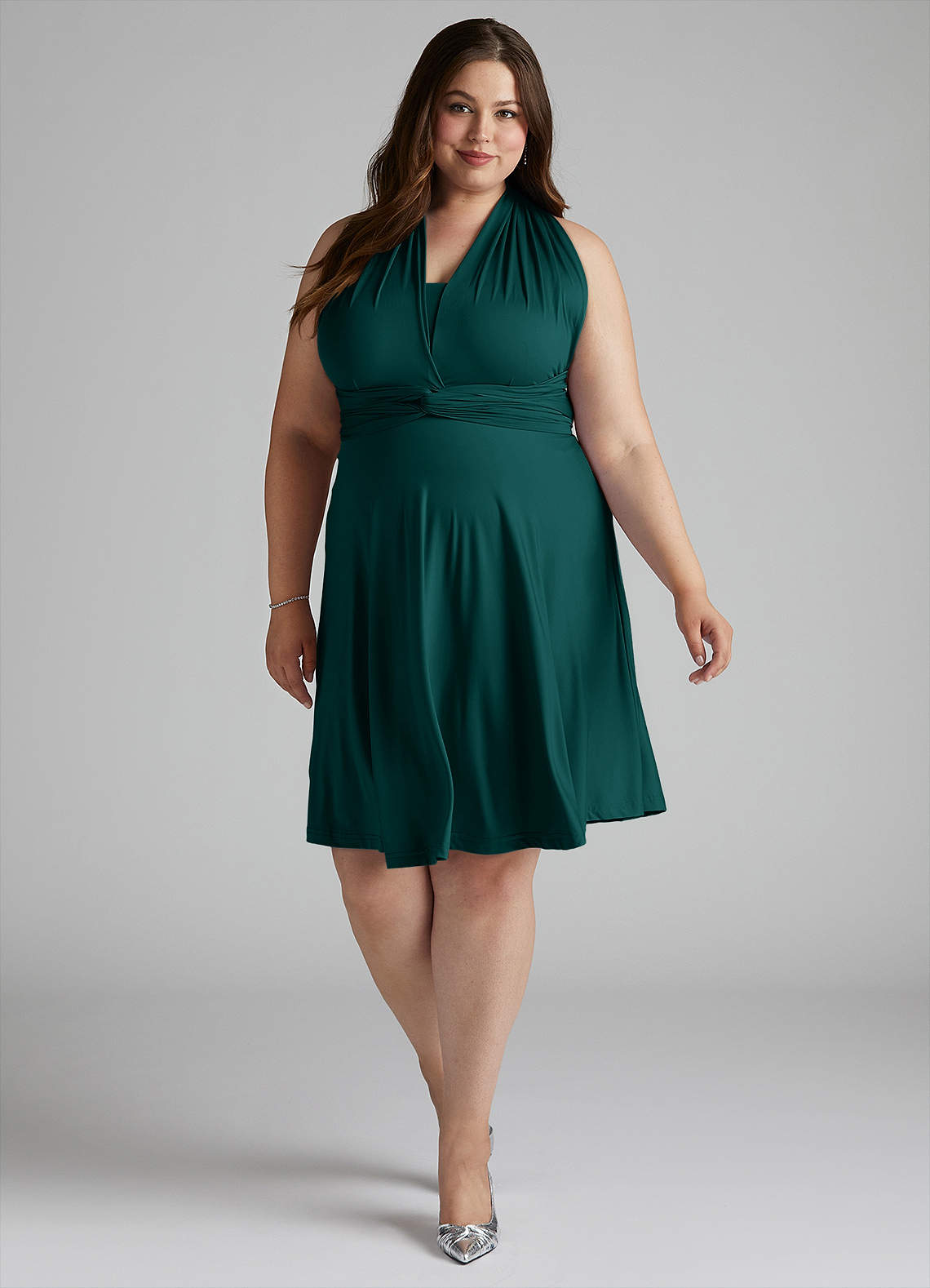 Azazie Infinity Jersey Knee Length Wrap A-Line Dress Emerald Azazie Infinity Jersey Knee Length Wrap A-Line Dress Emerald
