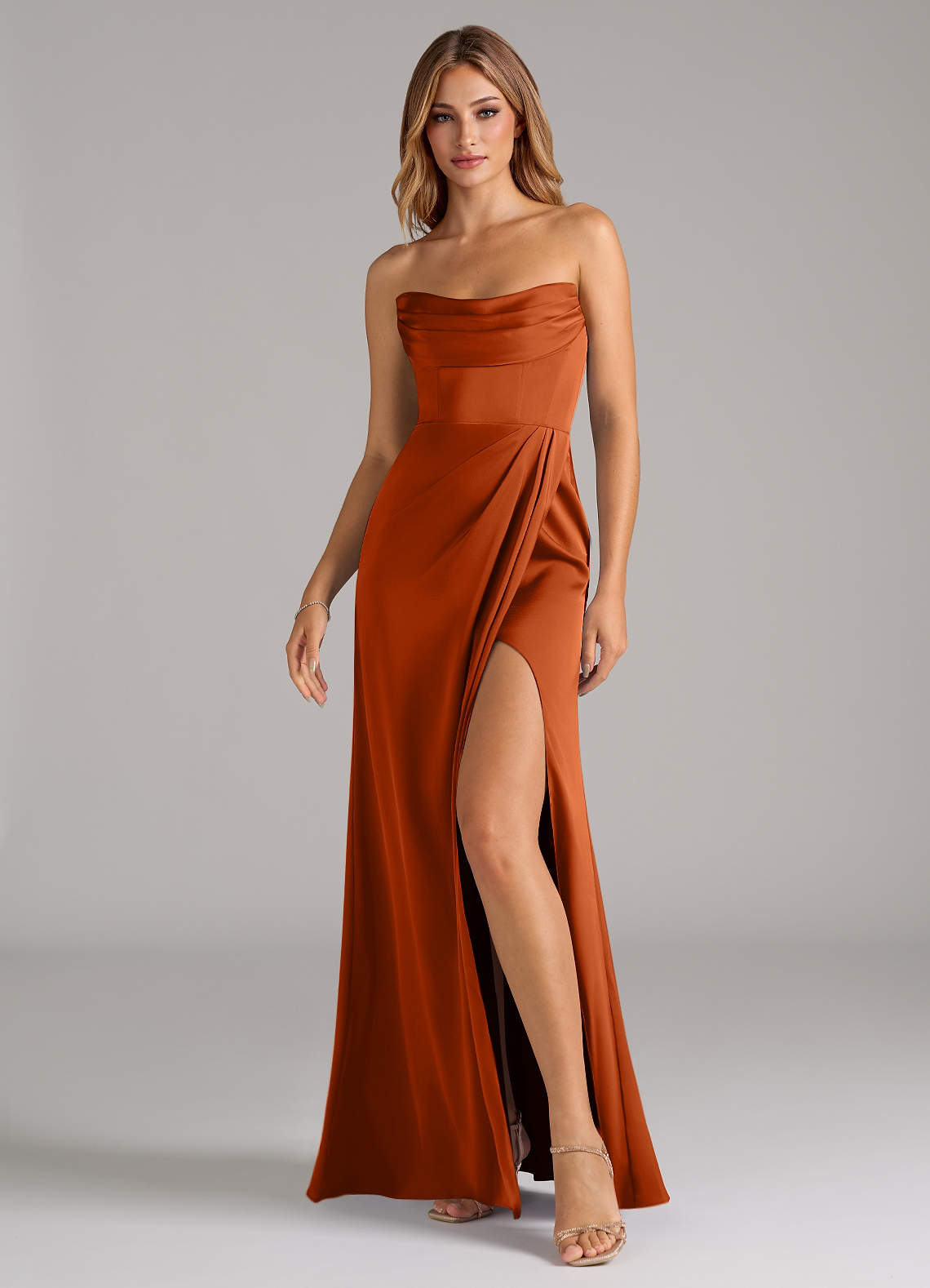 orange mermaid bridesmaid dresses Burnt Orange Satin Mismatched Side Slit Cheap Mermaid Bridesmaid Dresses , MRB0035