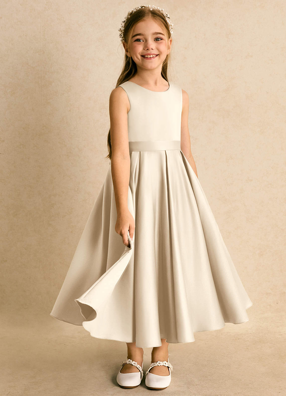 Azazie Junebuj vestidos de niña de las flores Vestido de Champán de Satin Mate de Princesa con Plisado image4