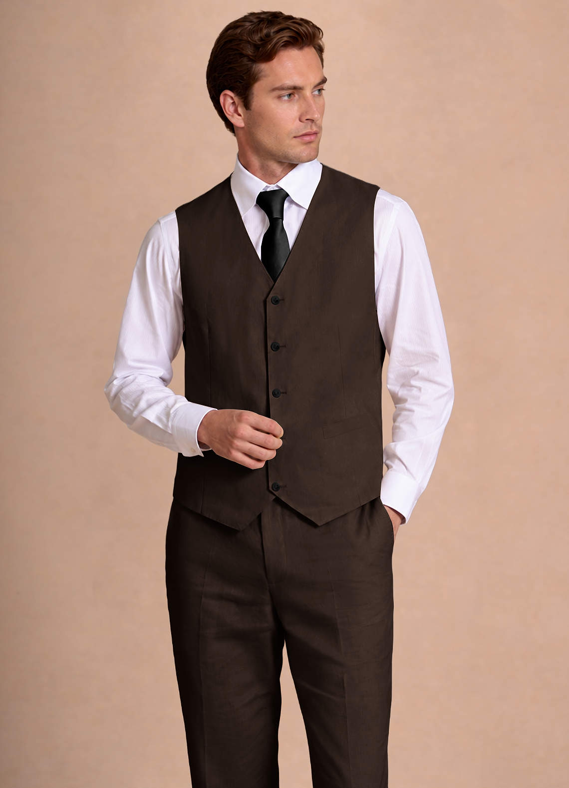 front Wesley Dark Brown Linen Blend Suit Vest
