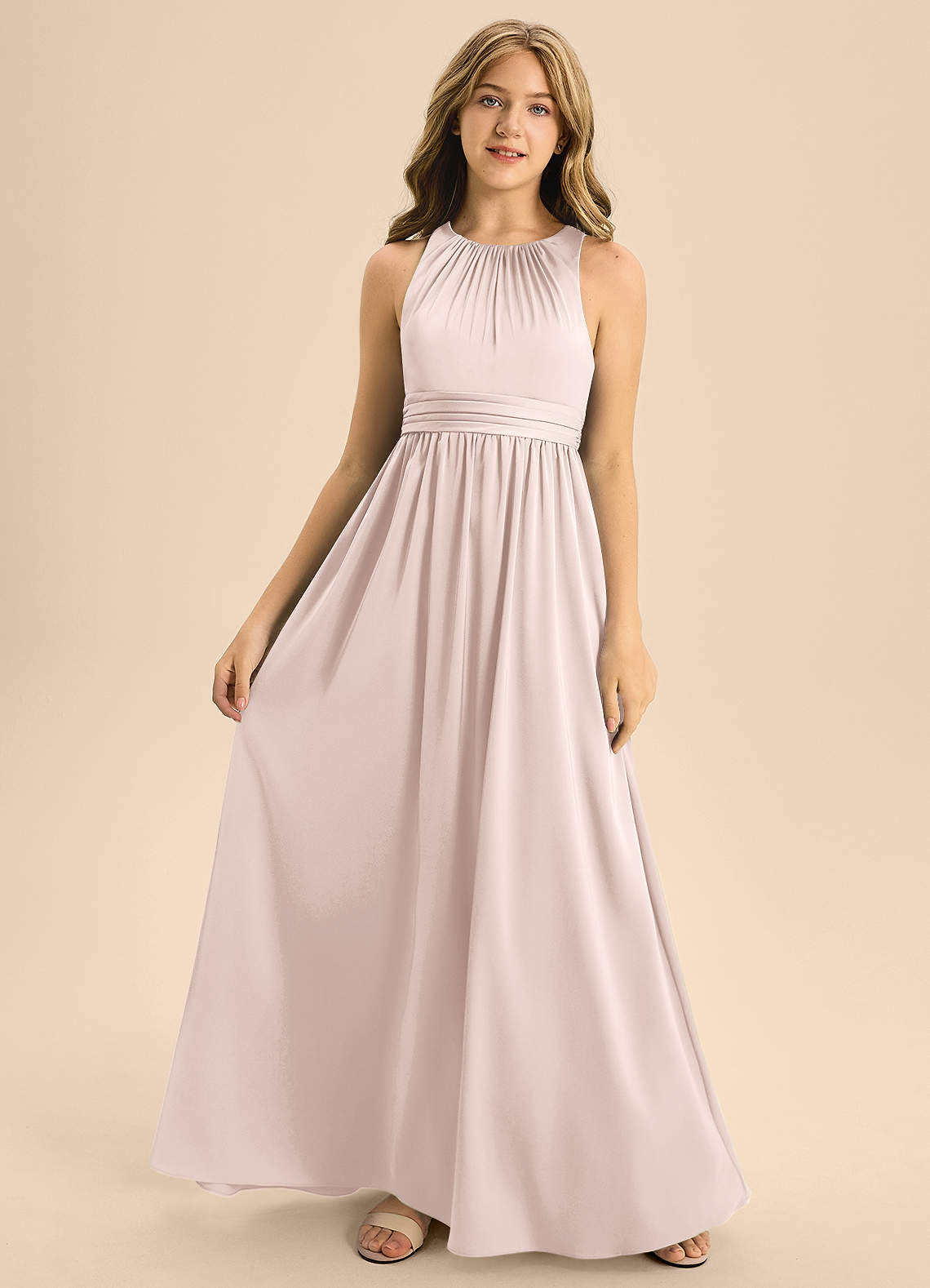 Azazie Jaylah Junior Vestido de Rosa Rubor de Satén Elástico de Corte en A con Plisado image3