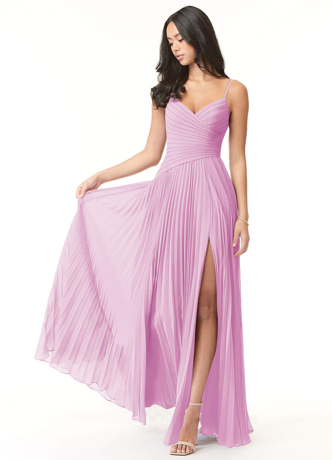Azazie Vini Bridesmaid Dresses Candy Pink A-Line V-Neck Pleated Chiffon Dress image1