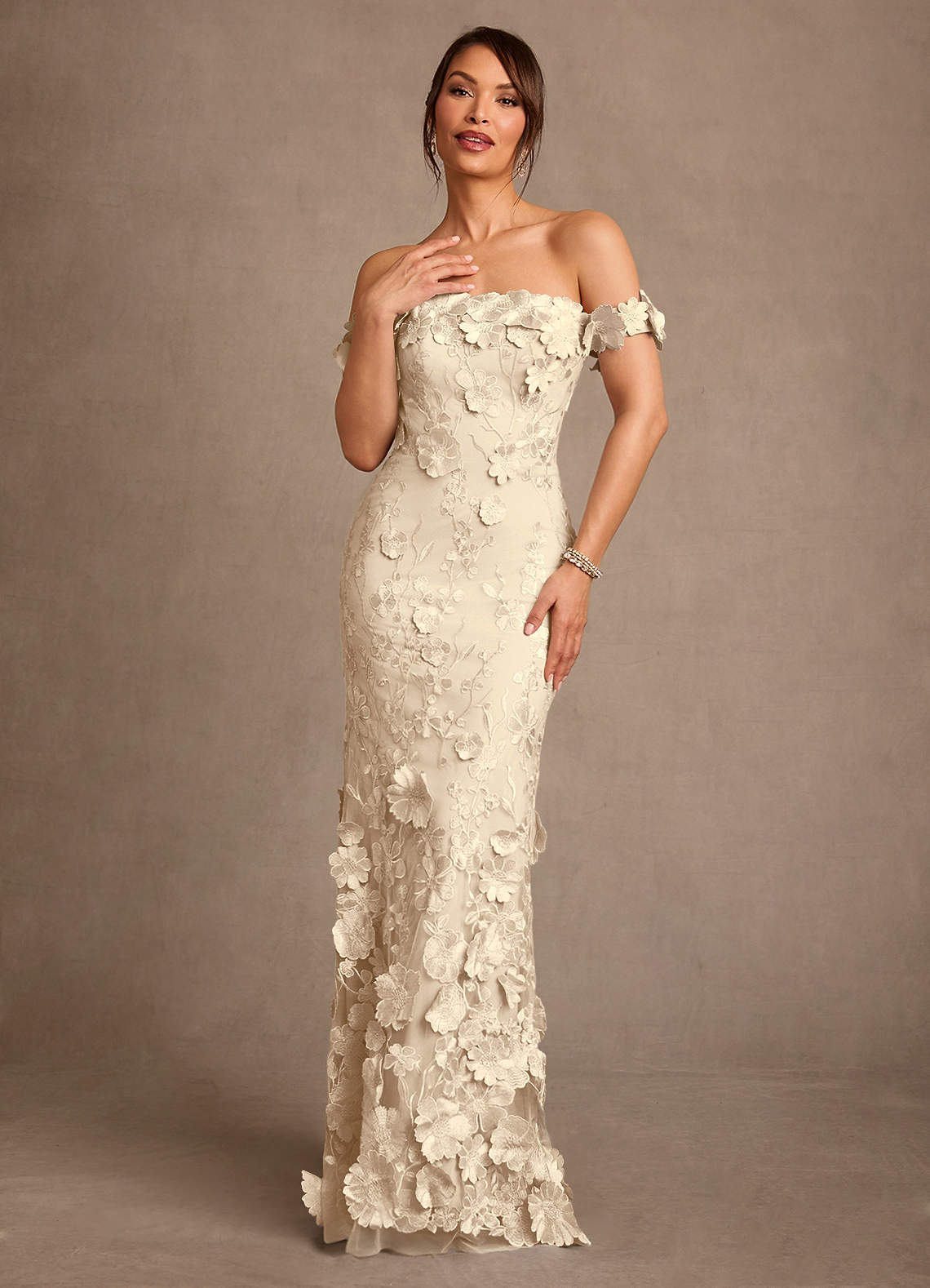 Azazie Lotta Champagne Mermaid Off the Shoulder Lace Dress Sample