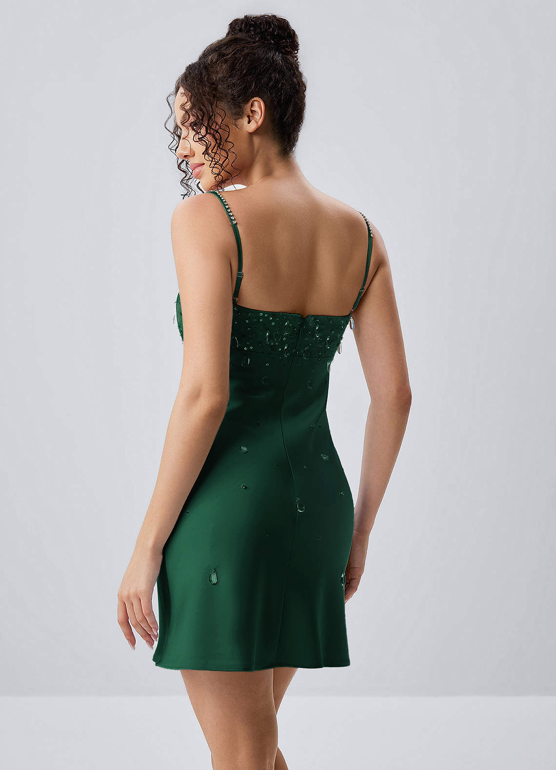 Lindrosa Emerald Green Satin Rhinestone Beading Mini Dress