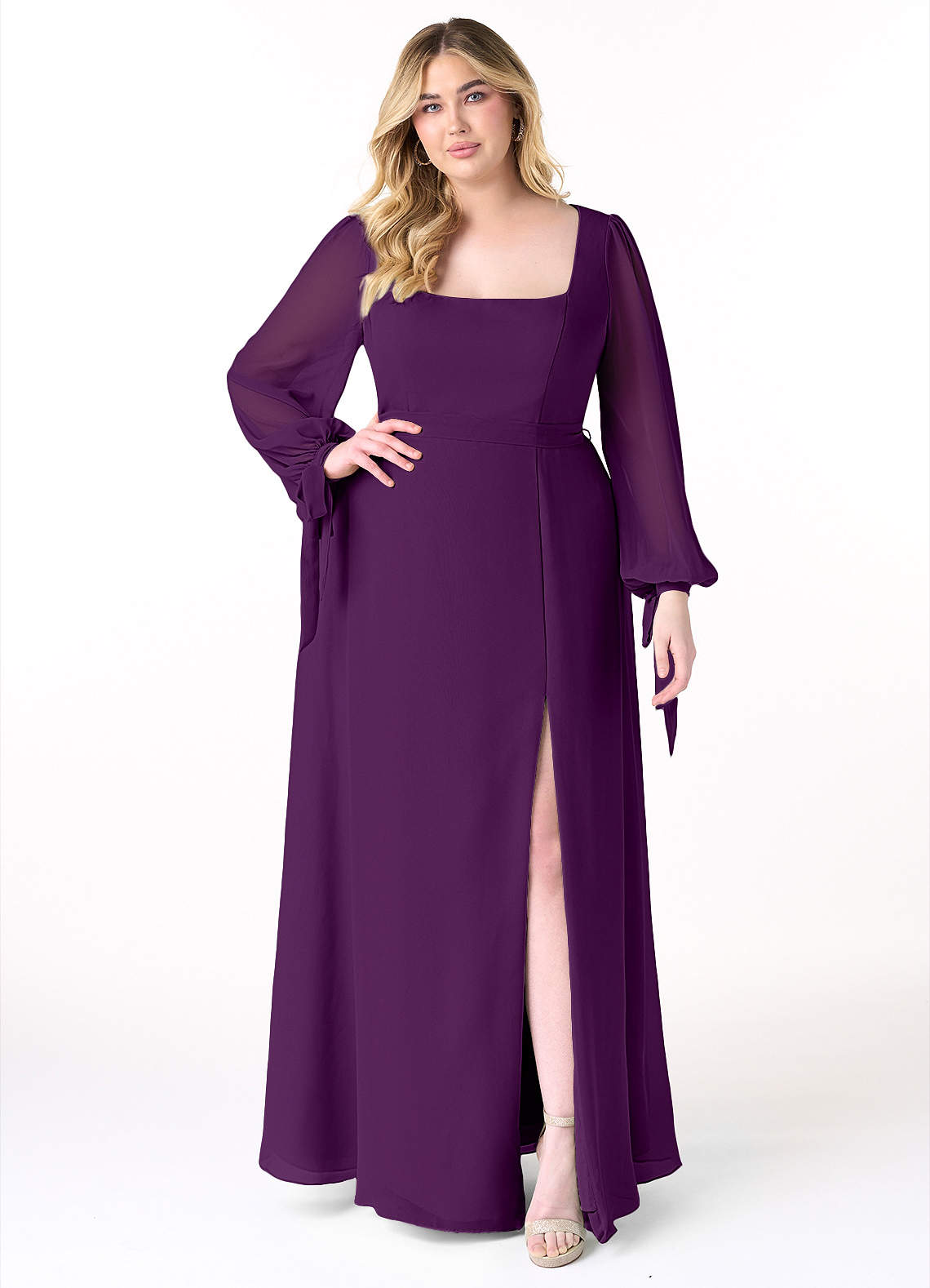 Azazie Leonia Bridesmaid Dresses Grape A-Line Long Sleeve Chiffon Dress image1