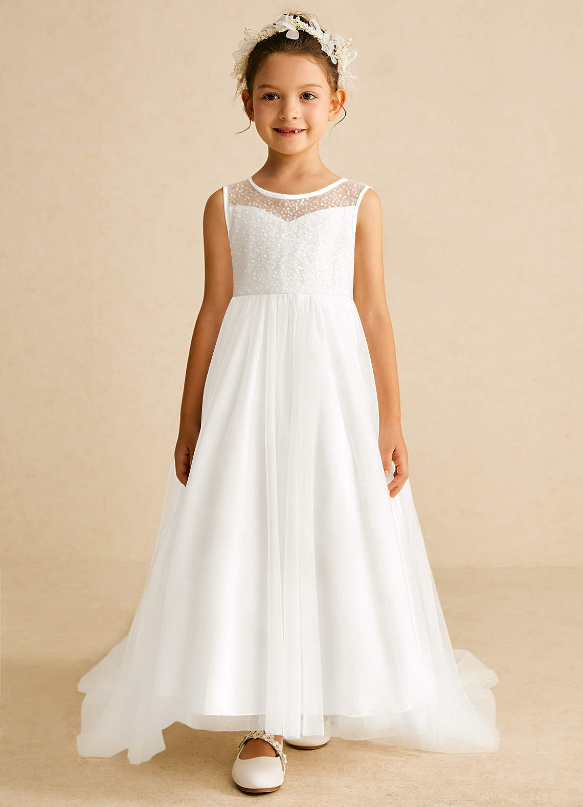 Azazie Tay Flower Girl Dresses Ivory A-Line Sequins Tulle Dress image1