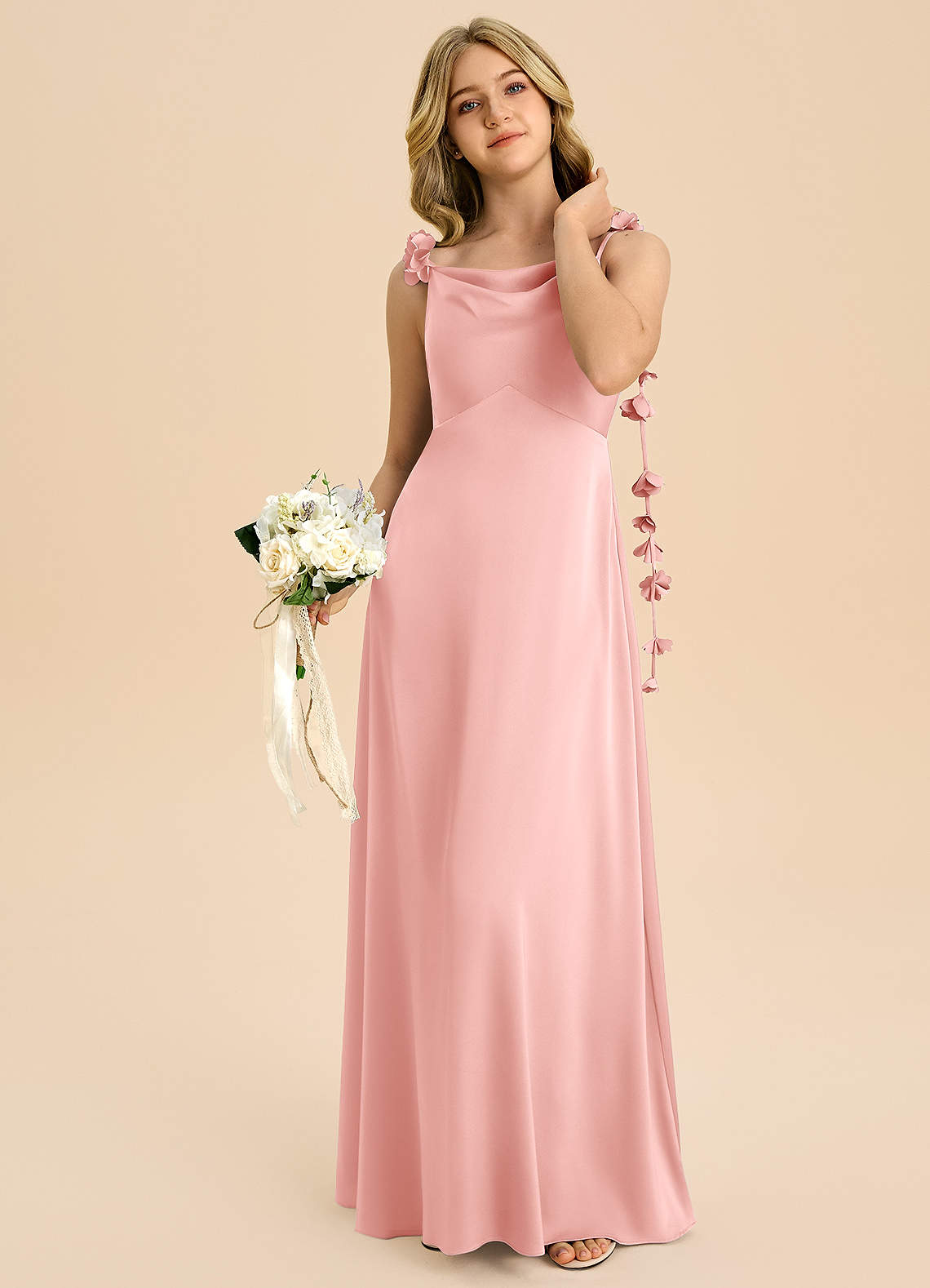 Azazie Gumdrop Junior Powder Pink Empire Pleated Stretch Satin Dress image1