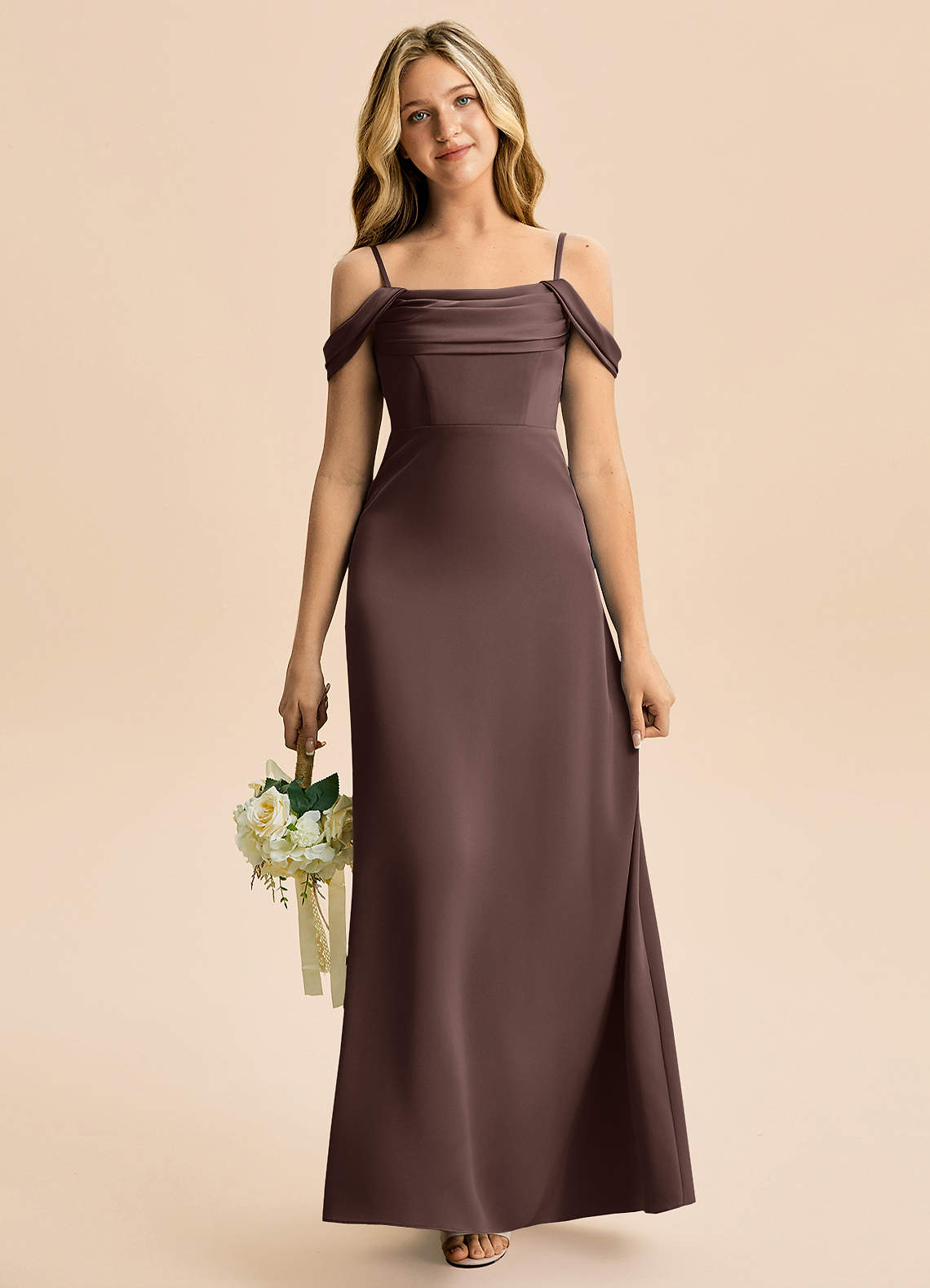 Azazie Lettie Junior Jurk van Stretch Satijn met A-Lijn Off-shoulder Ganache image1