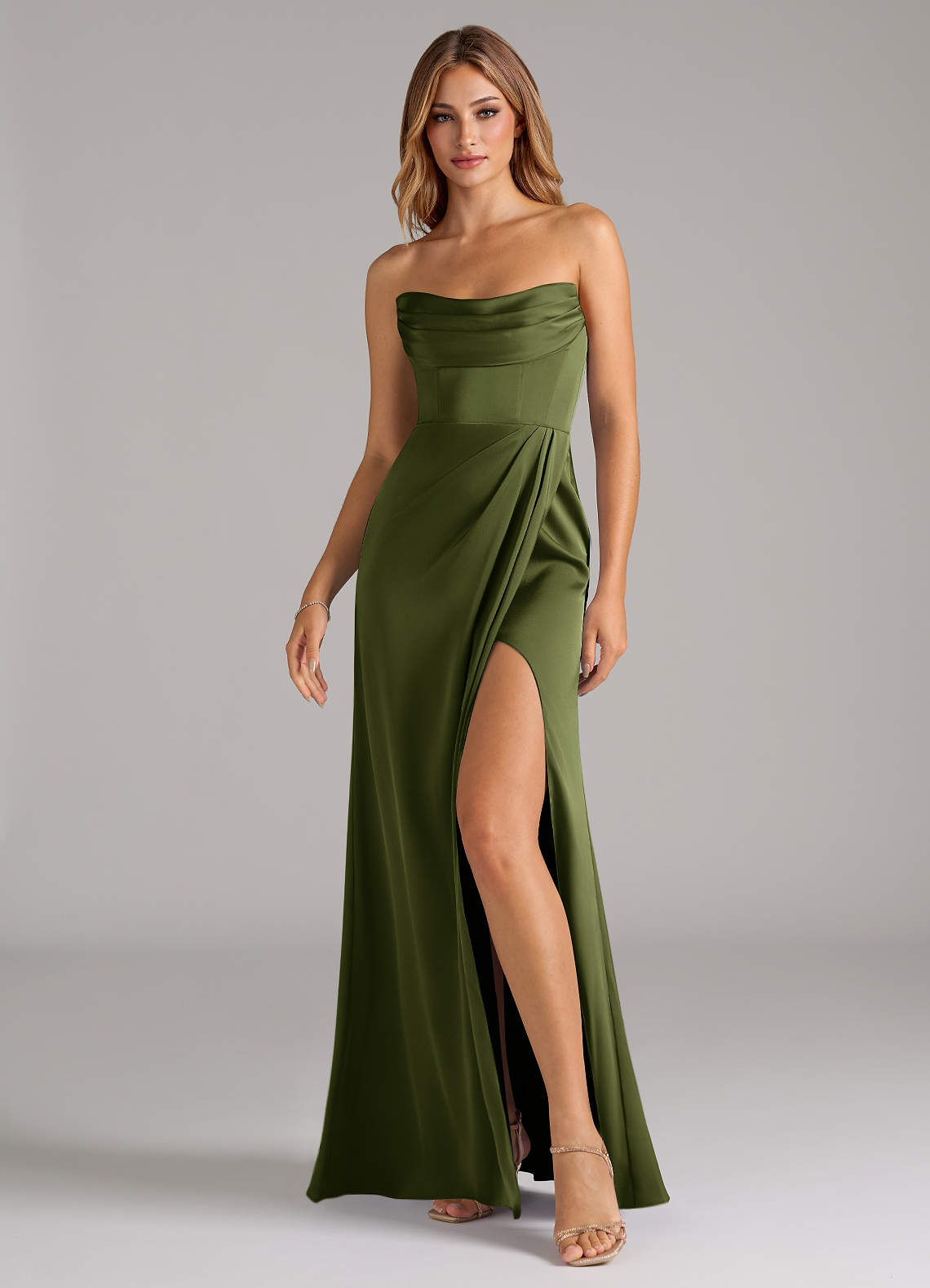 Azazie Johana Bridesmaid Dresses Olive Mermaid Off the Shoulder Stretch Satin Convertible Dress image5