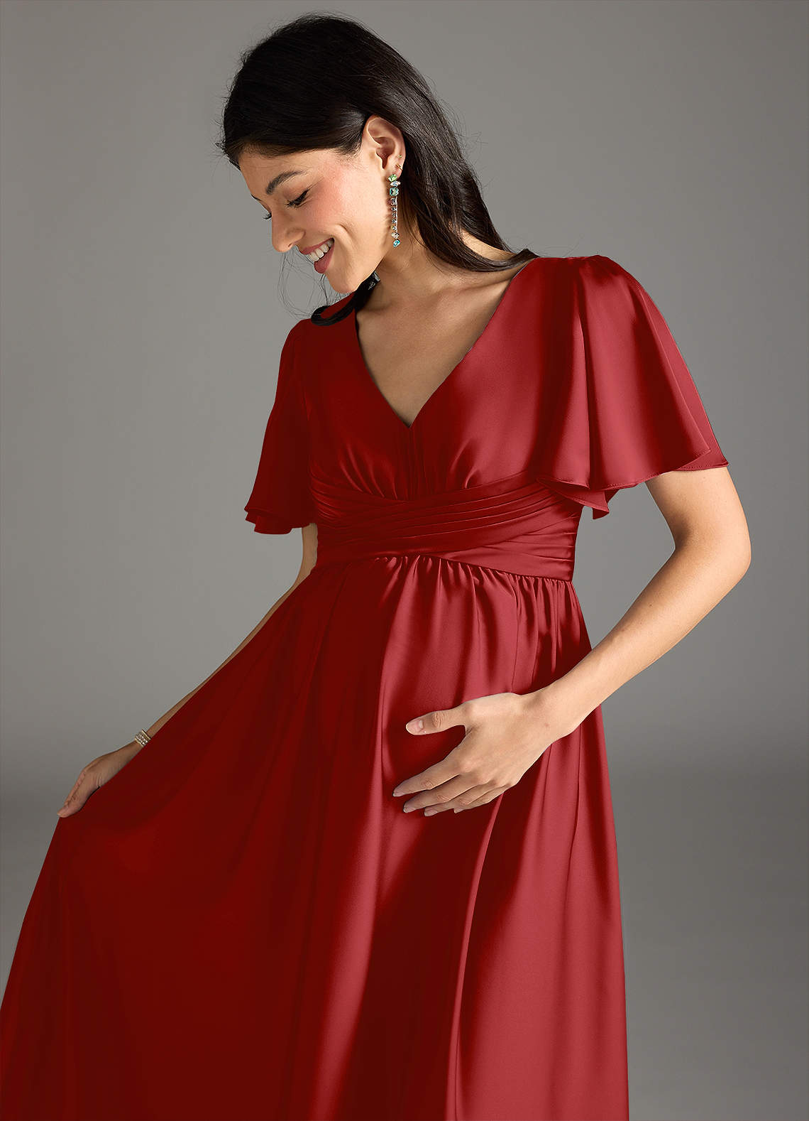 Azazie Verna Maternity Bridesmaid Dresses A-Line Ruched Stretch Satin Floor-Length Dress image1