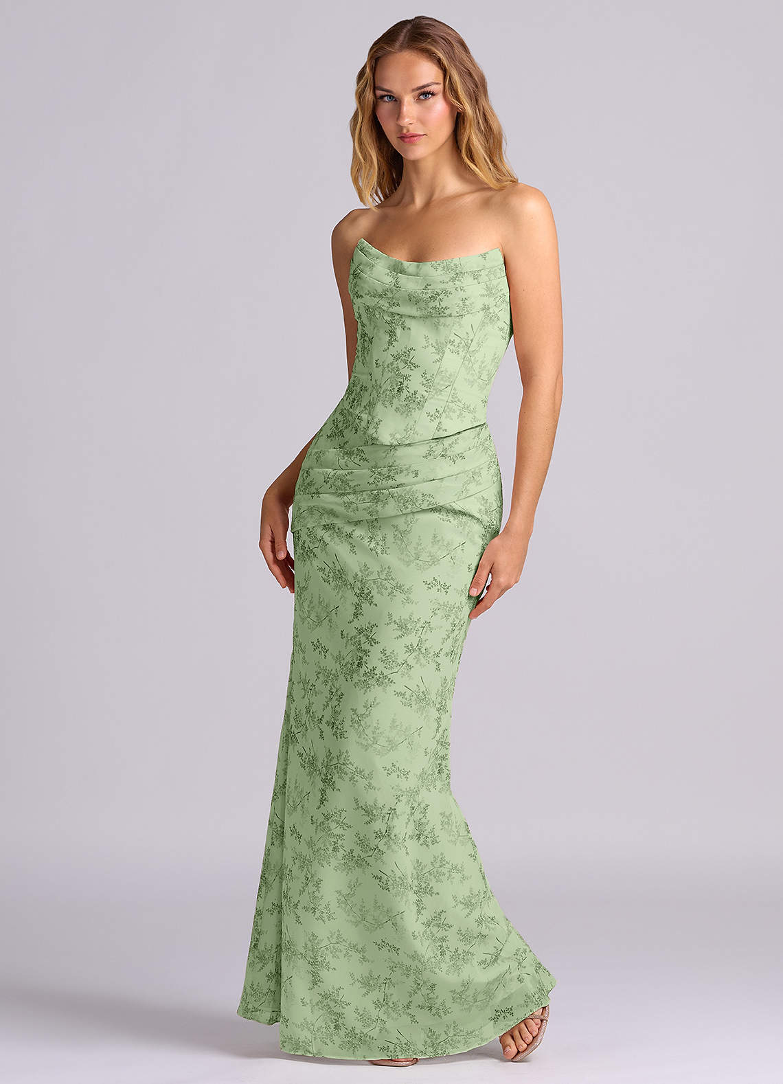 Azazie Sorrel Vestidos de damas de honor Vestido de Floral Helecho Verde de Gasa de Corte Sirena con Corsé image4