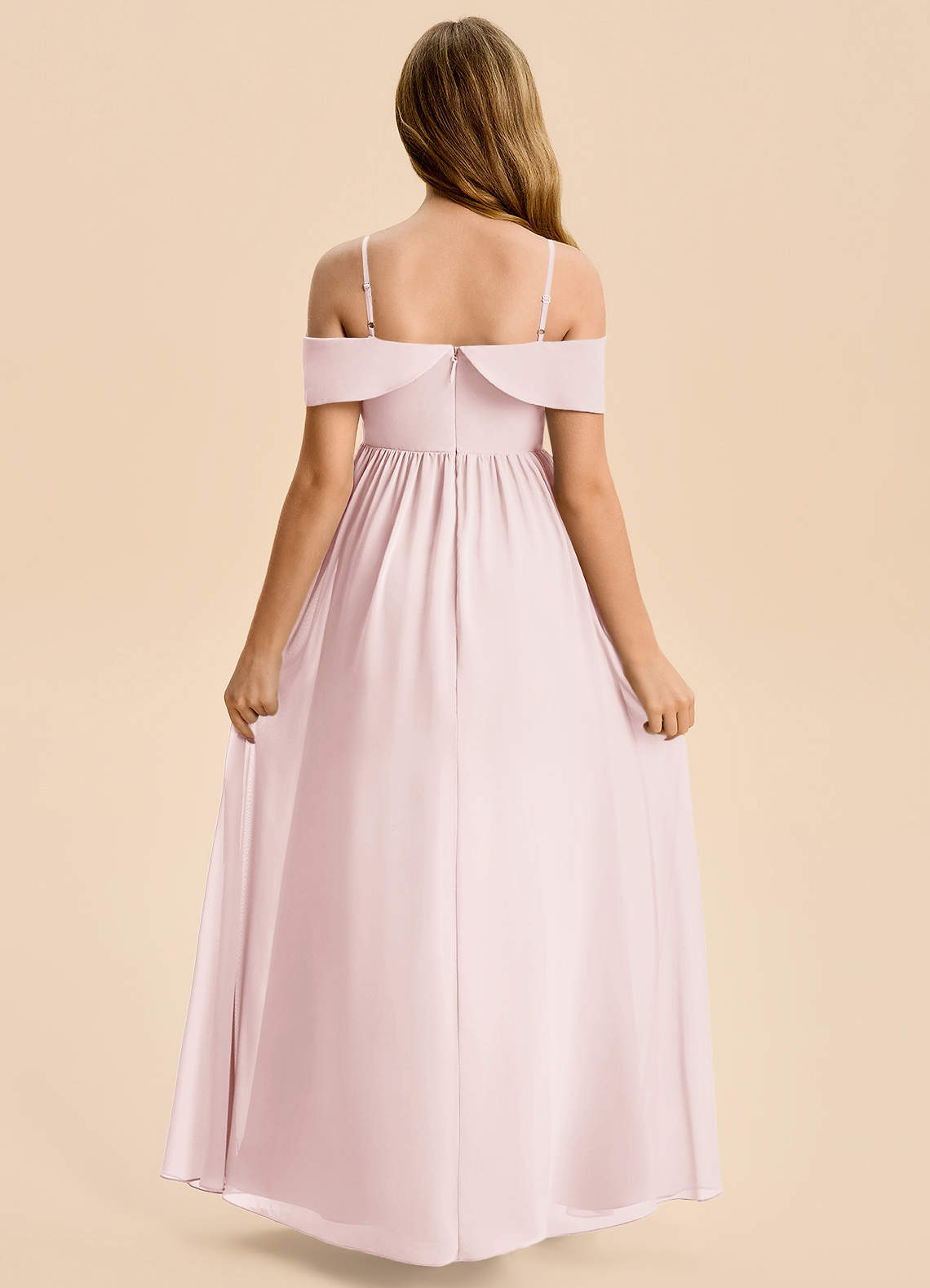 Azazie Coran Junior A-Line Off-Shoulder Chiffon Gulv-længde Junior brudepige Kjole image4