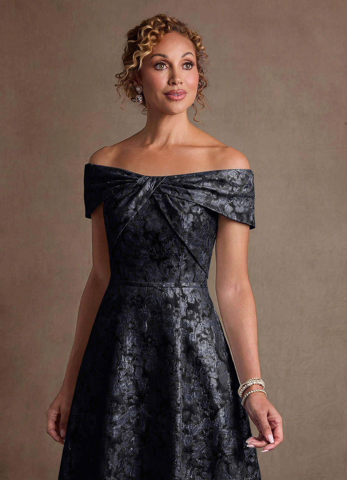 Azazie Harriett At-home Try On Dresses Black A-Line Off the Shoulder Floral Jacquard Dress image2