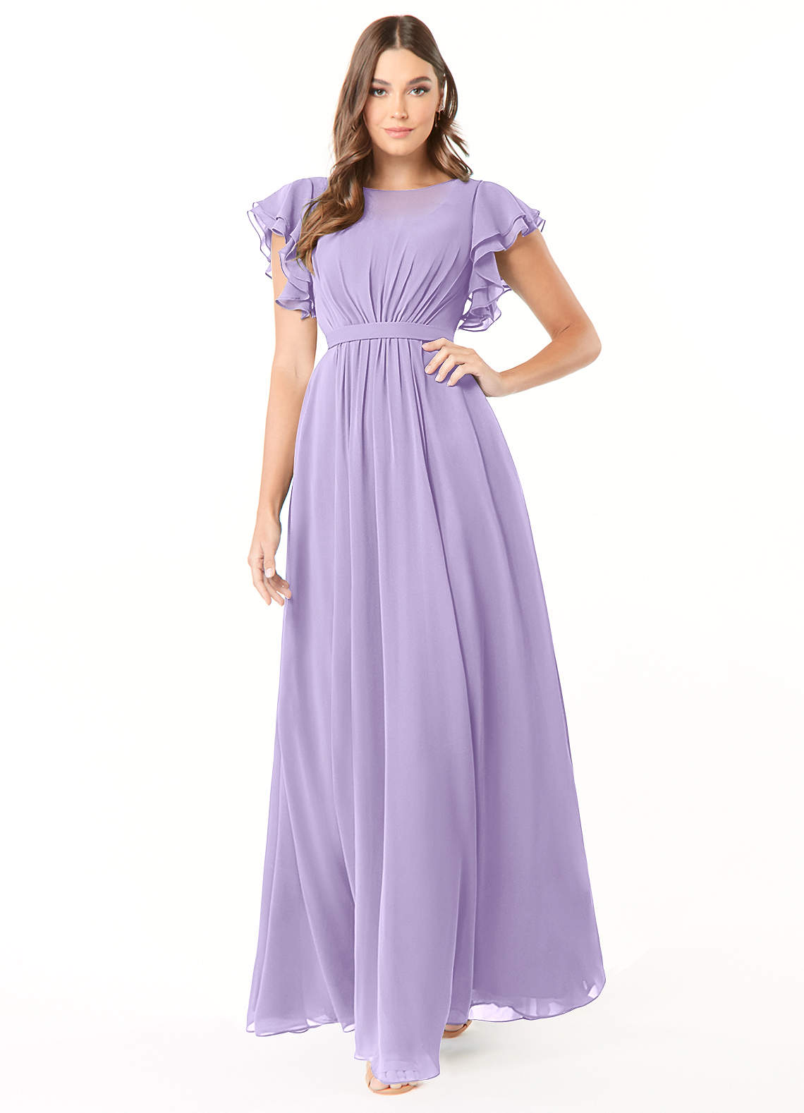 Azazie Daphne Bescheidene Brautjungfernkleider A-Linie Gekräuselt Chiffon Bodenlänge Kleid image1