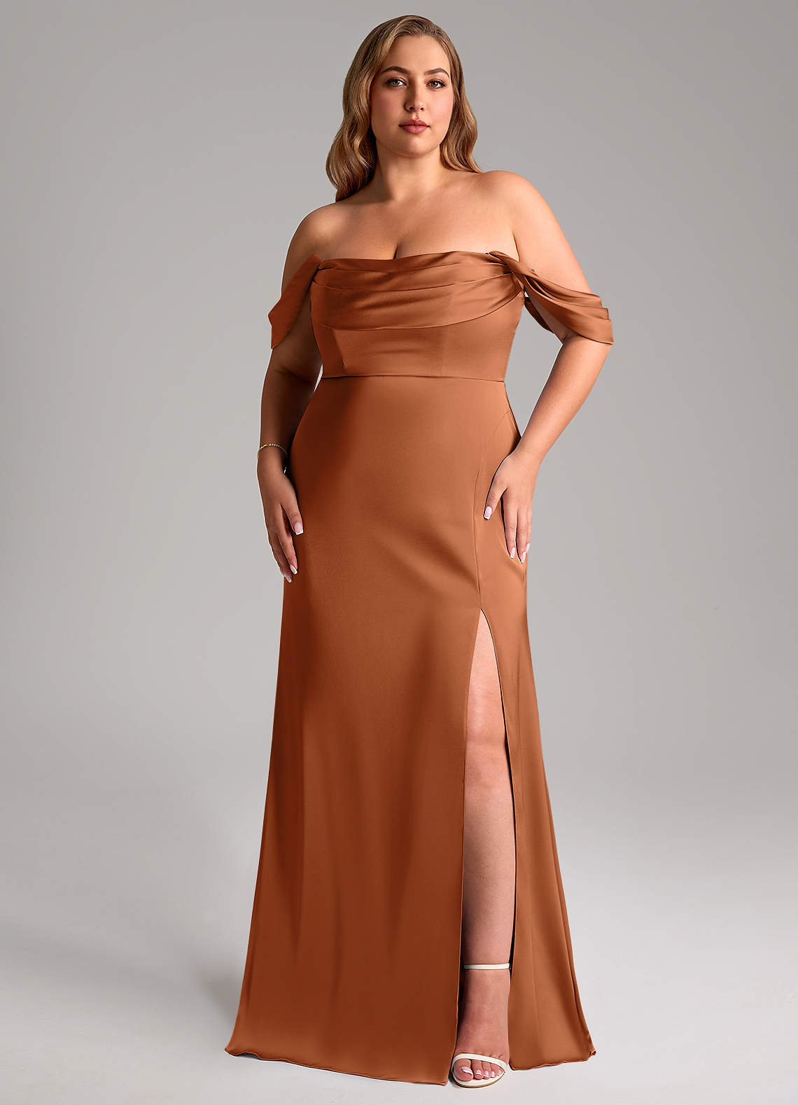 Azazie Saige Bridesmaid Dresses Copper Sheath Off the Shoulder Stretch Satin Dress image1