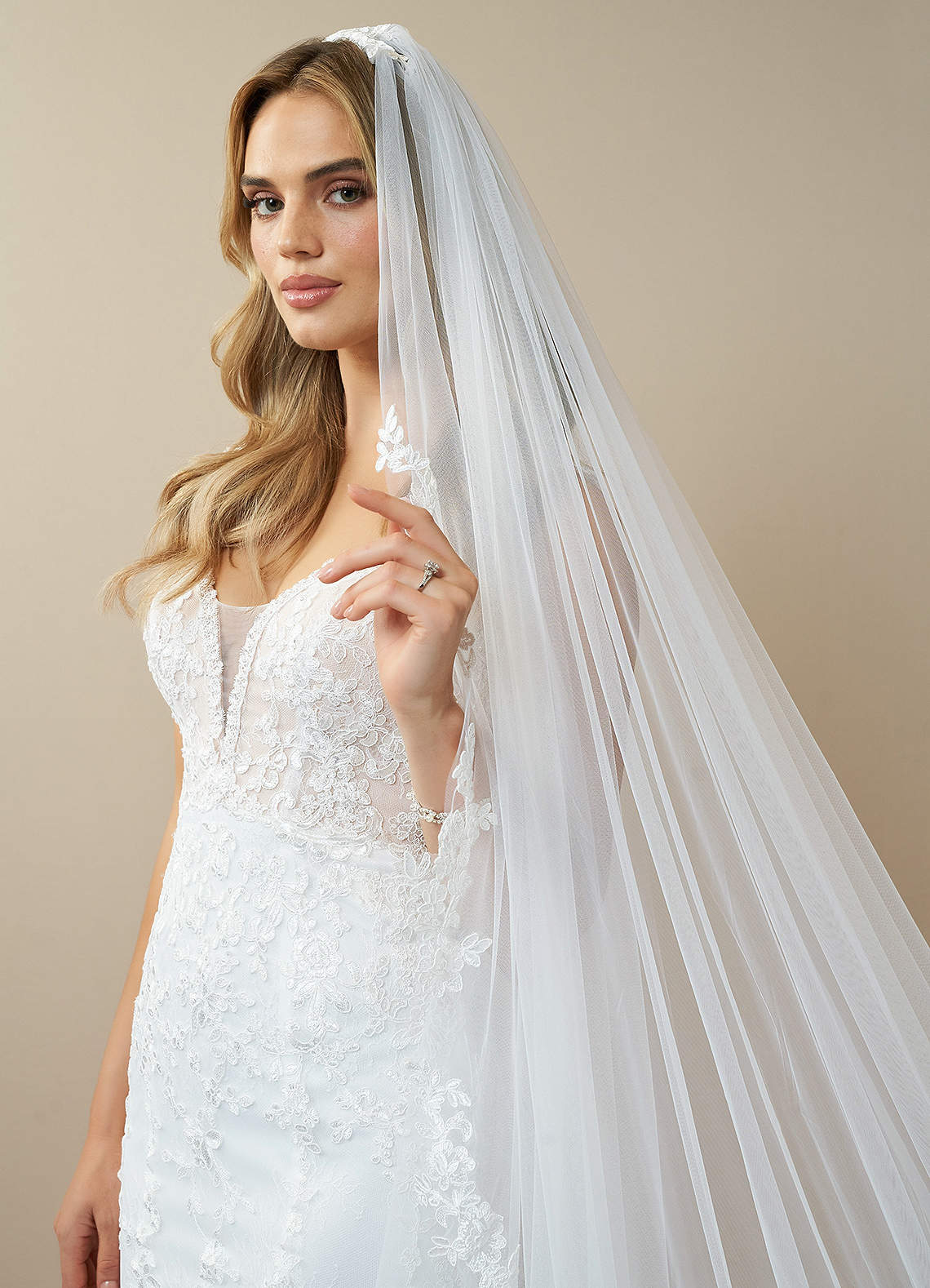 front Diamond And Lace Cathedral Veil