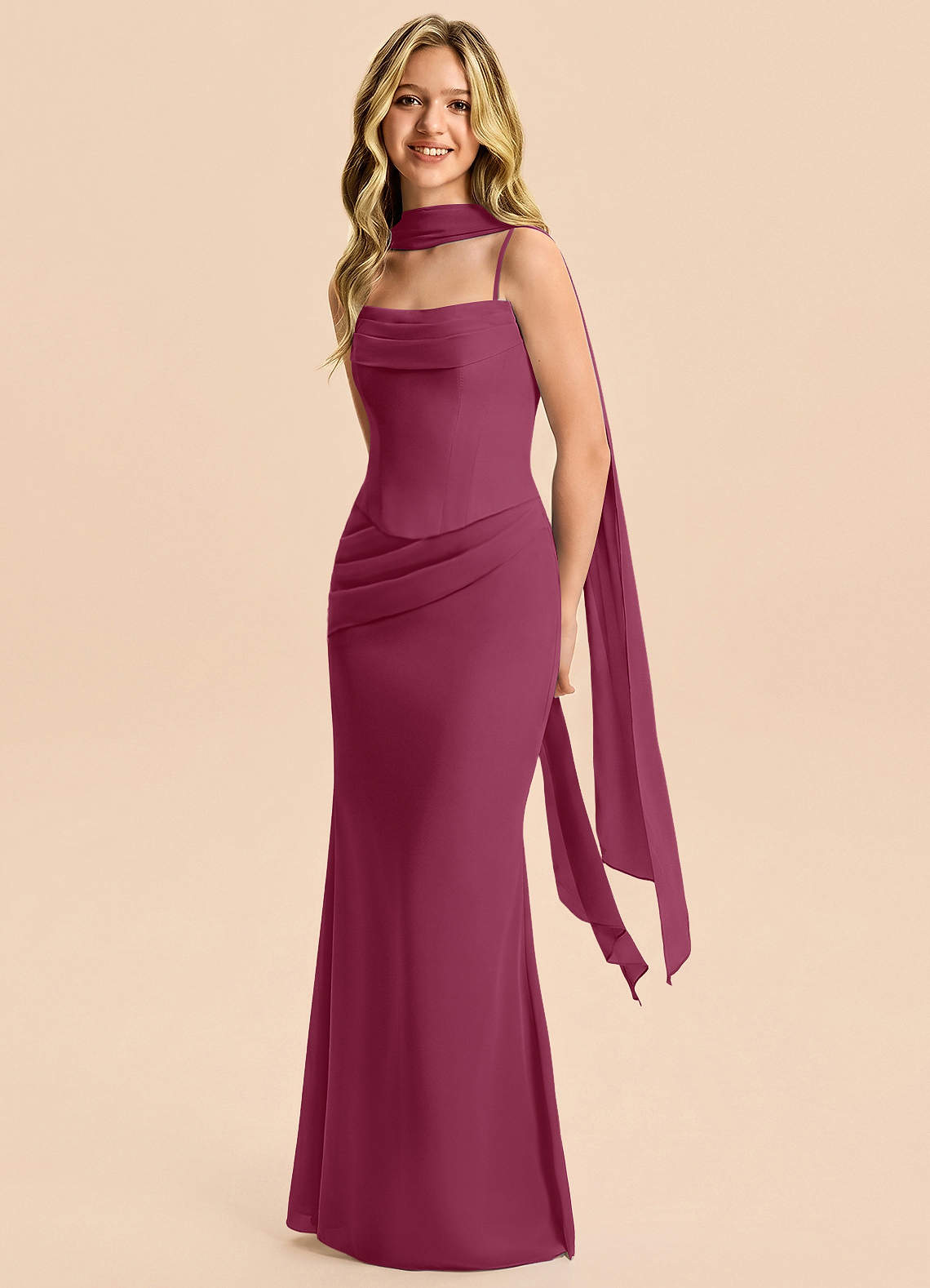 mulberry junior bridesmaid dresses Azazie Sorrel Baby Blue Bow Satin embellishment to the middle school Color:Beige