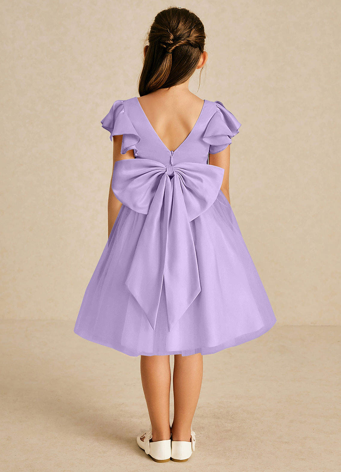 Azazie Kaeya Robe Demoiselle D'honneur Fillette Robe Trapèze en Tulle Arc Lilas image1