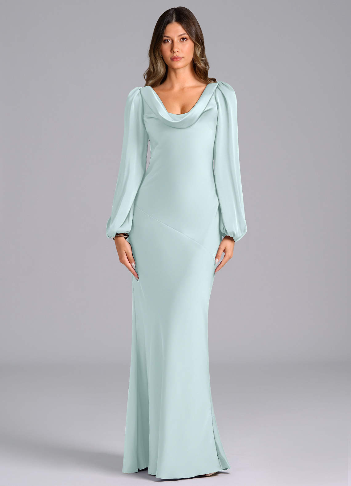 Azazie Melani Bridesmaid Dresses Sea Glass Mermaid Long Sleeve Stretch Satin Dress image1