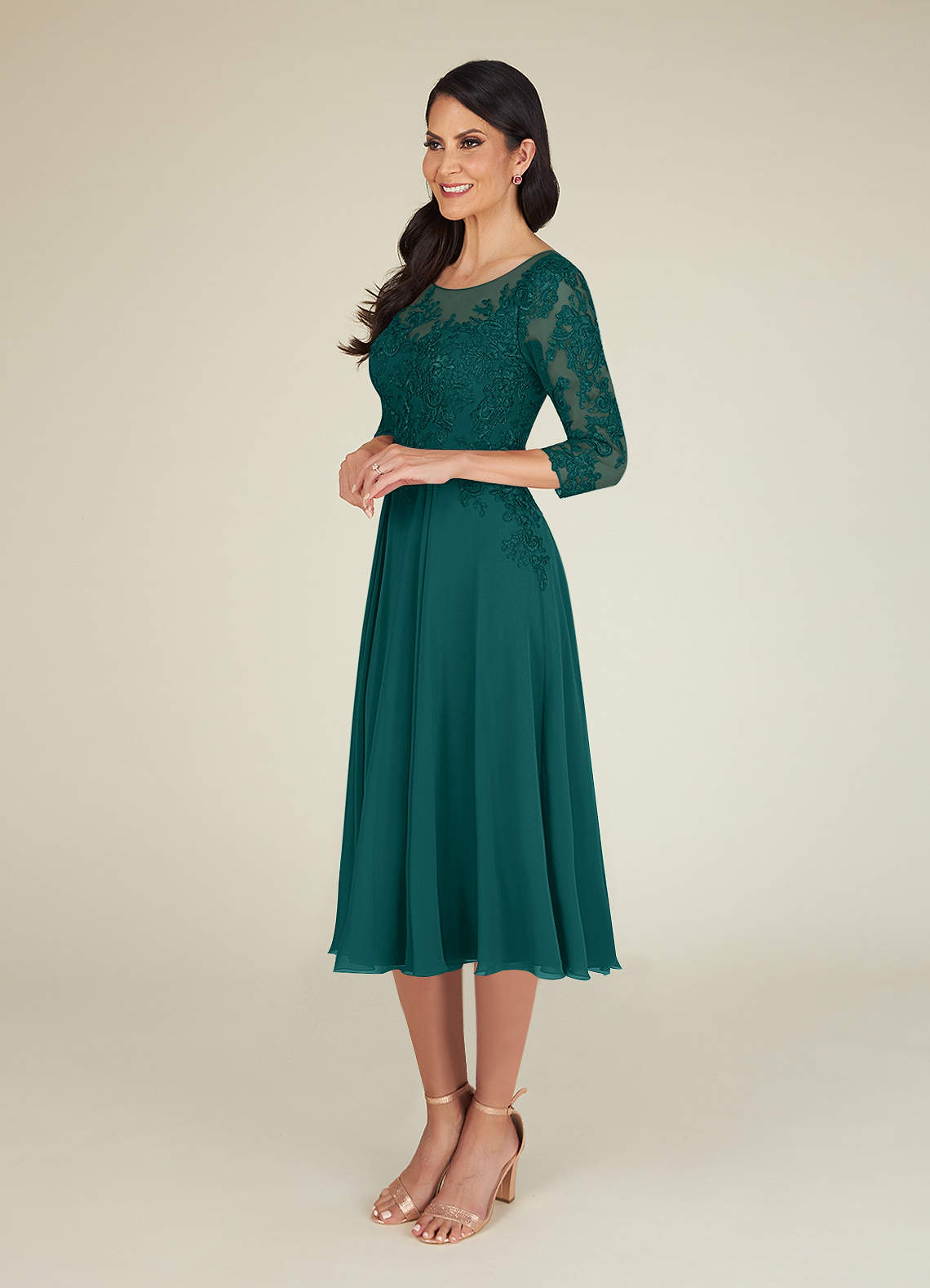 A-Line Lace Applique Chiffon Tea-Length Dress Steel Grey