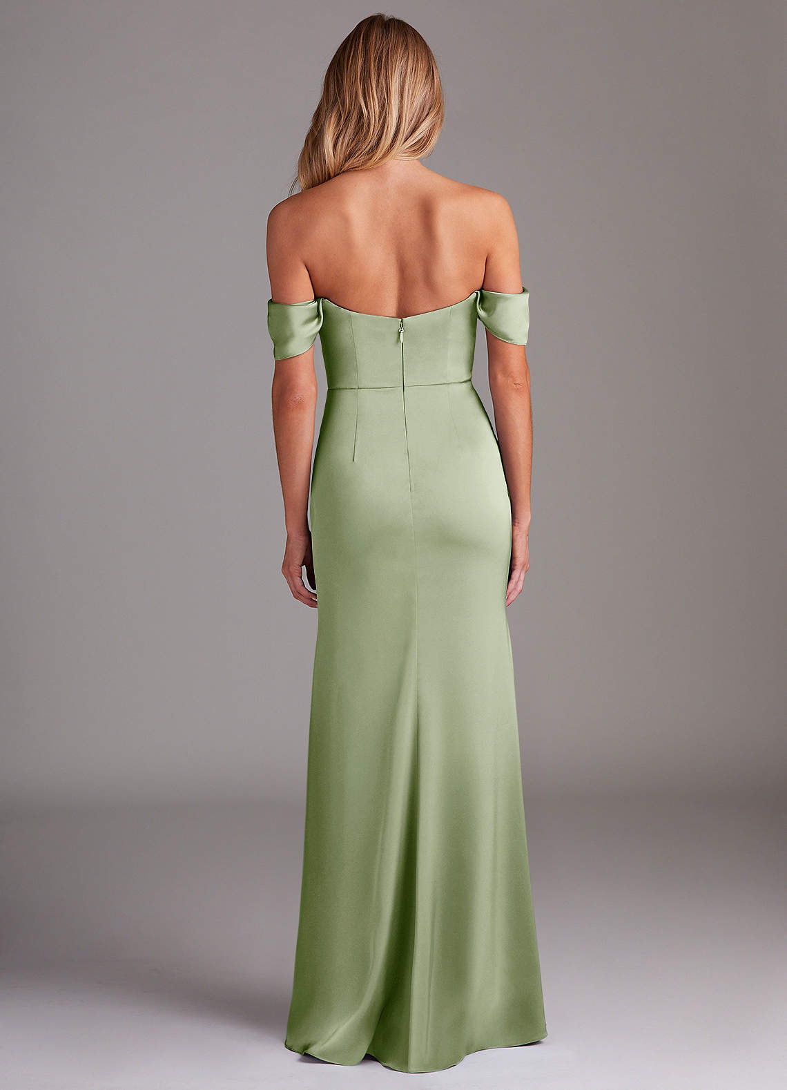 Azazie Saige Bridesmaid Dresses Dusty Sage Sheath Off the Shoulder Stretch Satin Dress image9