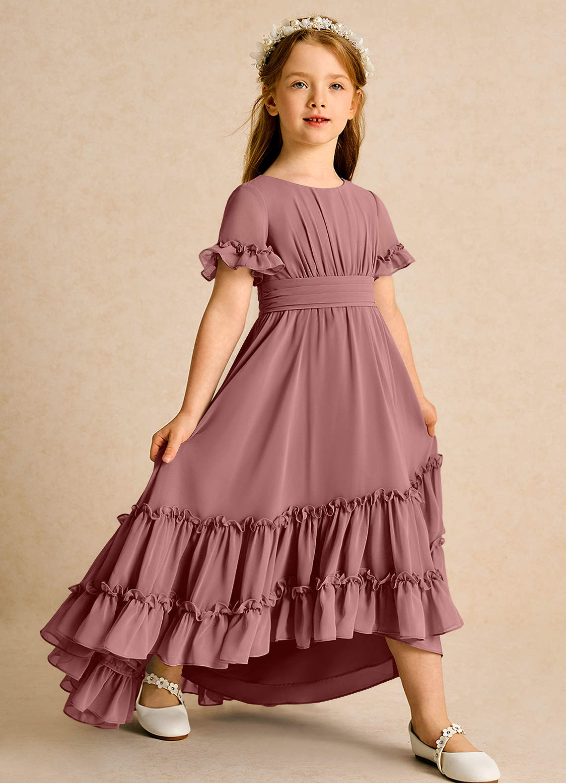 Azazie Kass Flower Girl Dresses Desert Rose A-Line Pleated Chiffon Dress image1