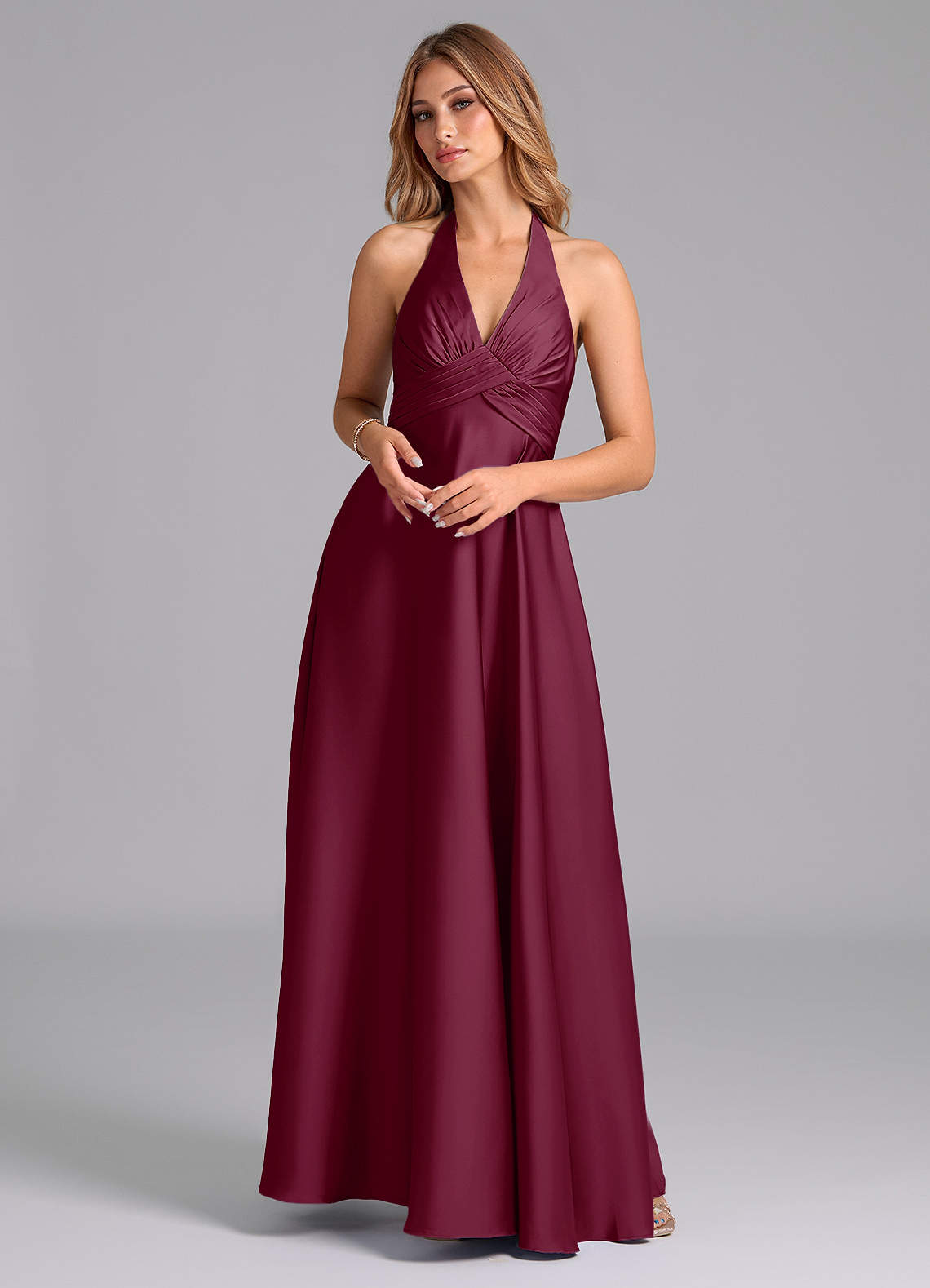 Azazie Tessie Bridesmaid Dresses Mulberry A-Line Pleated Stretch Satin Dress image1