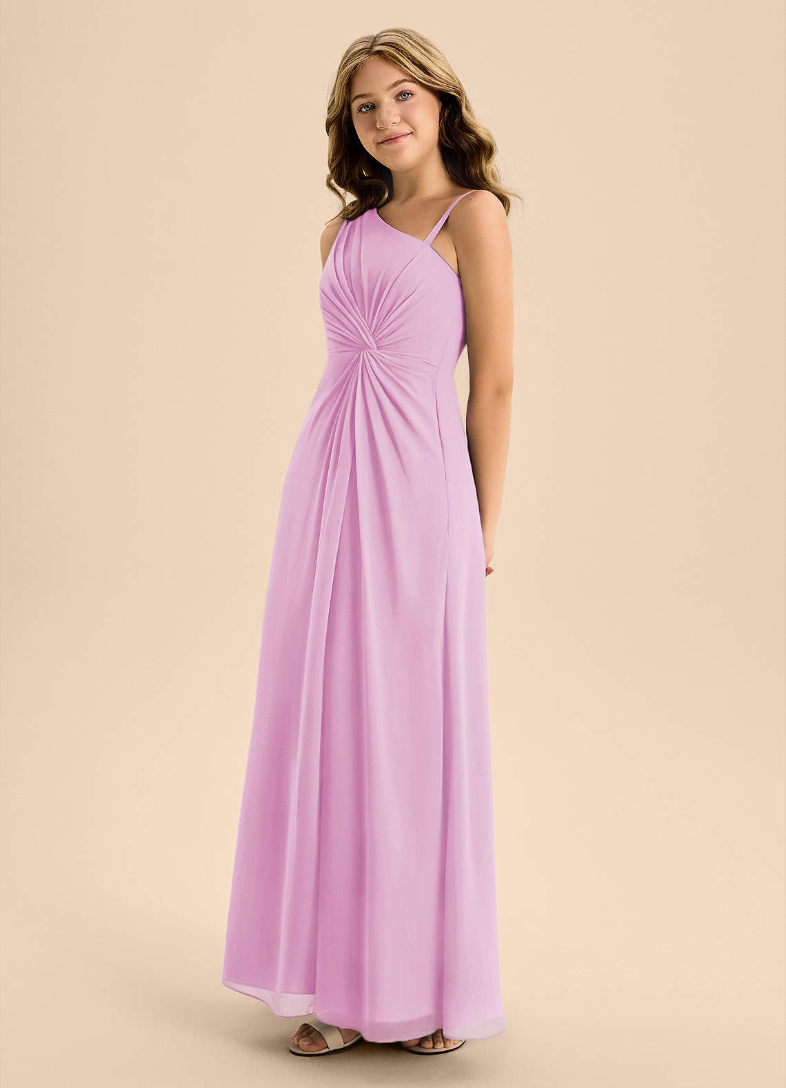 Azazie Brooke Junior Vestido de Rosa Caramelo de Gasa de Corte En A con Corte Lateral image5
