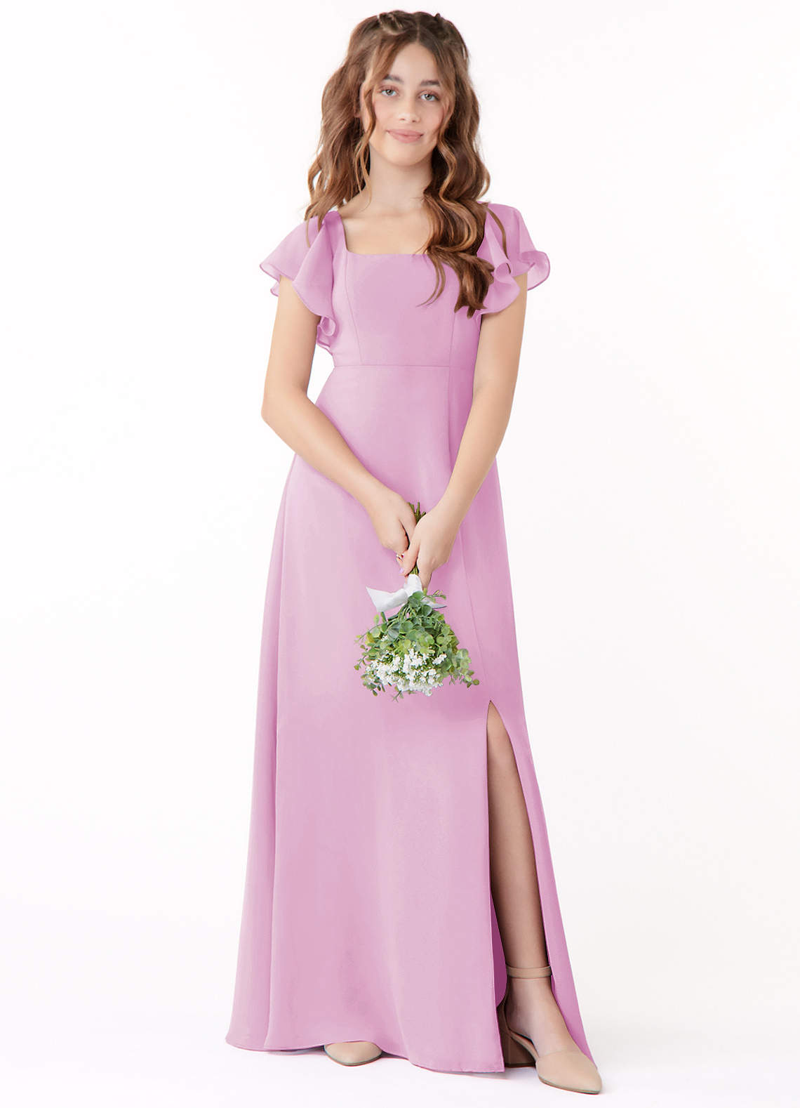 Azazie Bondi Junior Abito A-Line in Chiffon Fiocco Rosa Confetto image1